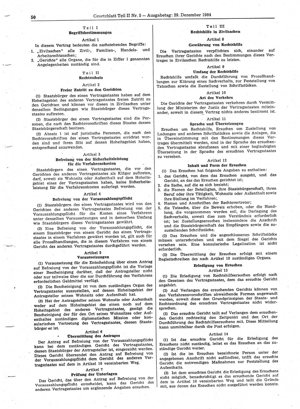 Gesetzblatt (GBl.) der Deutschen Demokratischen Republik (DDR) Teil ⅠⅠ 1984, Seite 50 (GBl. DDR ⅠⅠ 1984, S. 50)