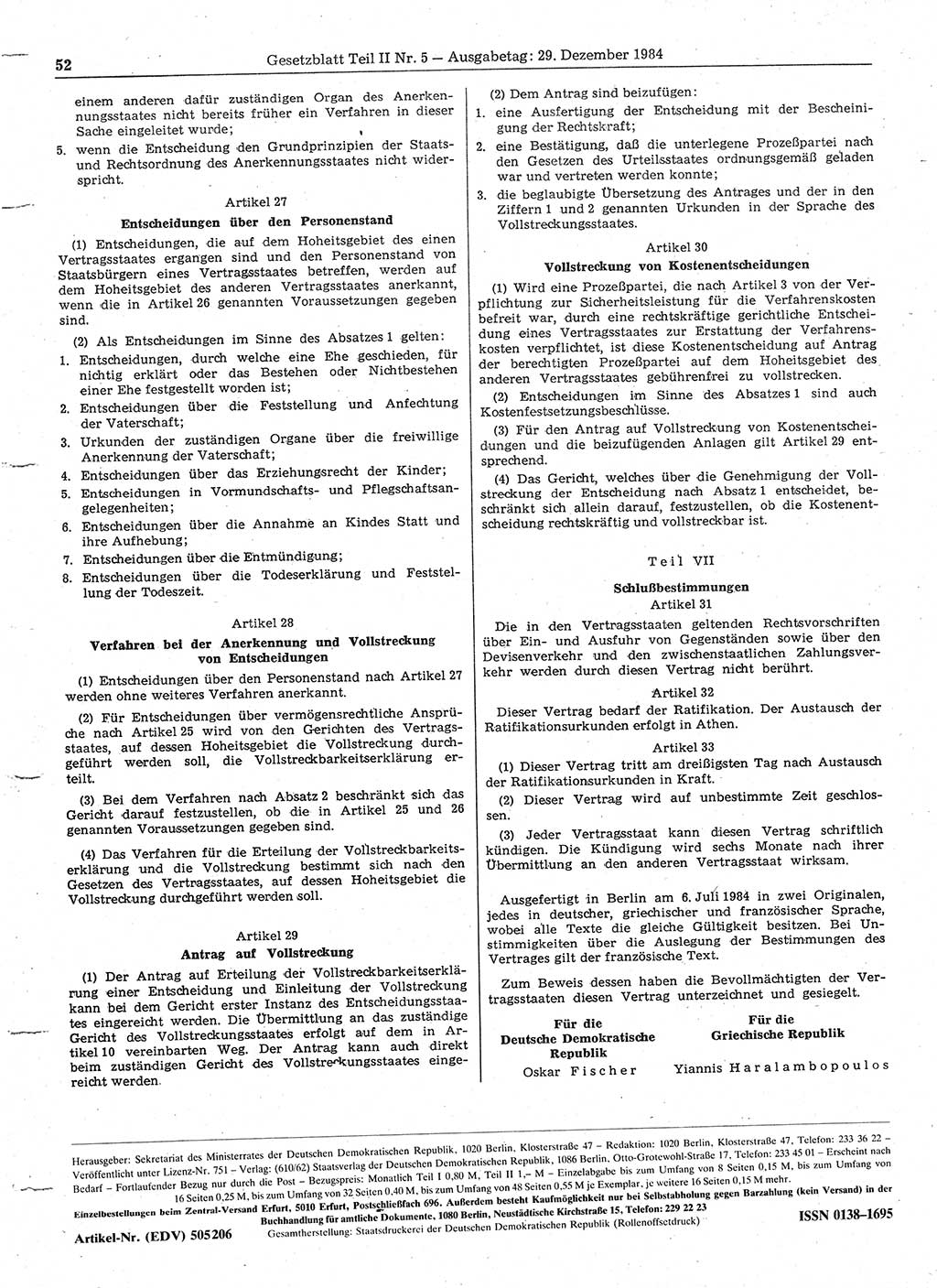 Gesetzblatt (GBl.) der Deutschen Demokratischen Republik (DDR) Teil ⅠⅠ 1984, Seite 52 (GBl. DDR ⅠⅠ 1984, S. 52)
