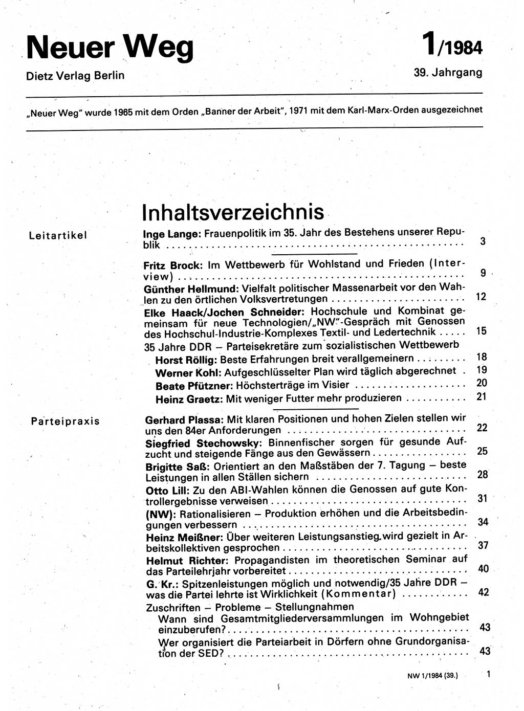 Neuer Weg (NW), Organ des Zentralkomitees (ZK) der SED (Sozialistische Einheitspartei Deutschlands) für Fragen des Parteilebens, 39. Jahrgang [Deutsche Demokratische Republik (DDR)] 1984, Seite 1 (NW ZK SED DDR 1984, S. 1)