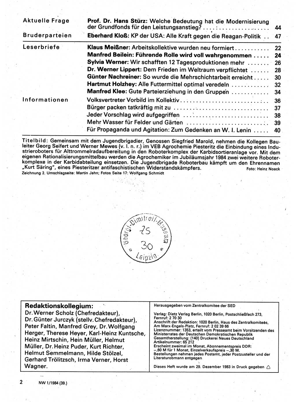 Neuer Weg (NW), Organ des Zentralkomitees (ZK) der SED (Sozialistische Einheitspartei Deutschlands) für Fragen des Parteilebens, 39. Jahrgang [Deutsche Demokratische Republik (DDR)] 1984, Seite 2 (NW ZK SED DDR 1984, S. 2)