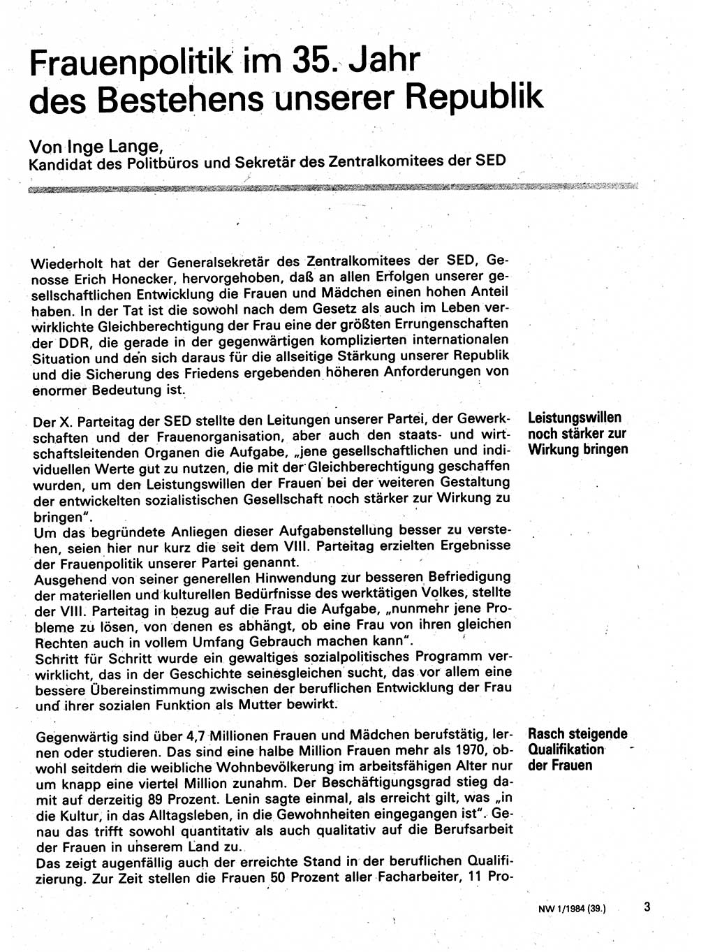 Neuer Weg (NW), Organ des Zentralkomitees (ZK) der SED (Sozialistische Einheitspartei Deutschlands) für Fragen des Parteilebens, 39. Jahrgang [Deutsche Demokratische Republik (DDR)] 1984, Seite 3 (NW ZK SED DDR 1984, S. 3)