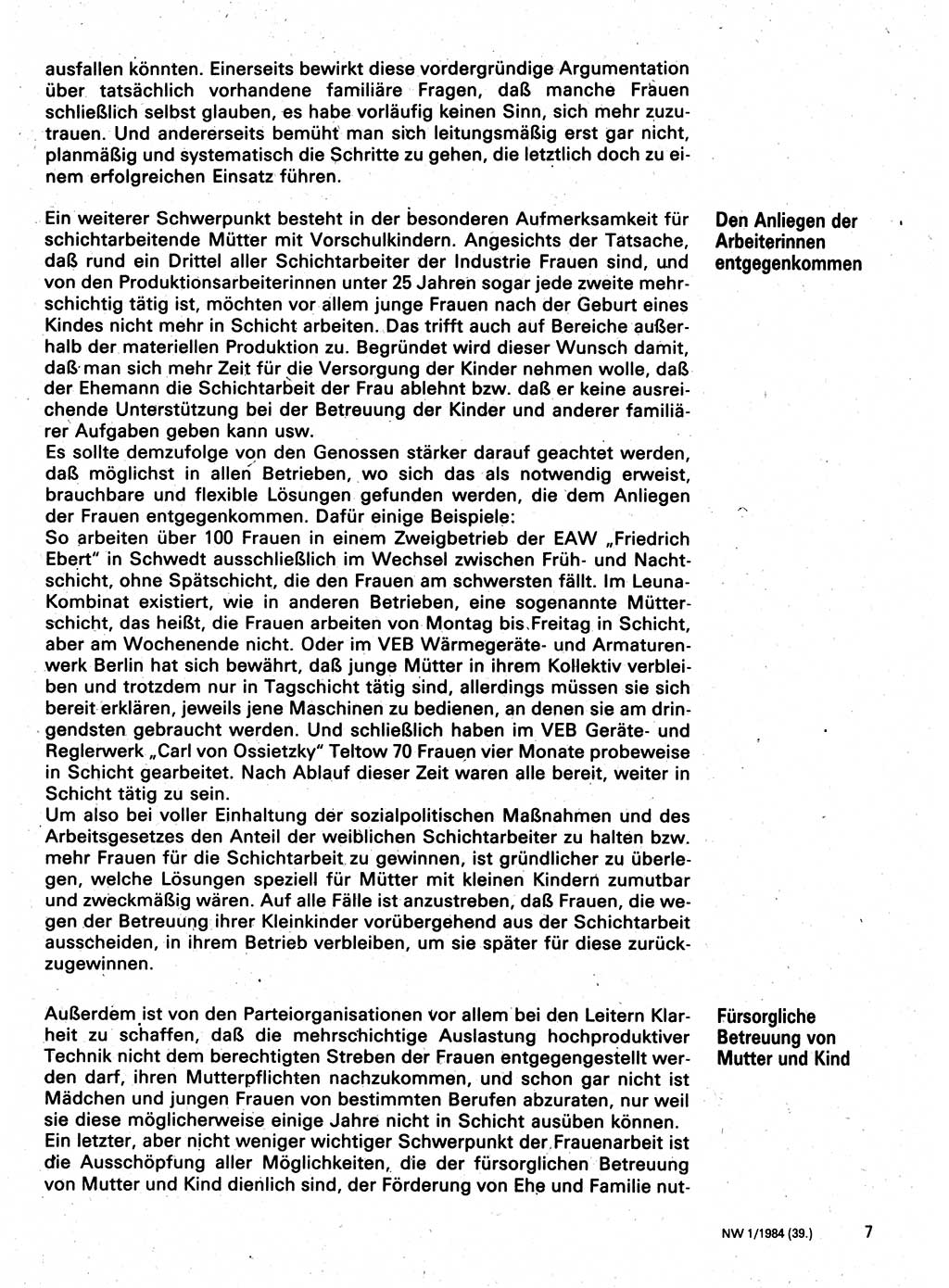 Neuer Weg (NW), Organ des Zentralkomitees (ZK) der SED (Sozialistische Einheitspartei Deutschlands) für Fragen des Parteilebens, 39. Jahrgang [Deutsche Demokratische Republik (DDR)] 1984, Seite 7 (NW ZK SED DDR 1984, S. 7)