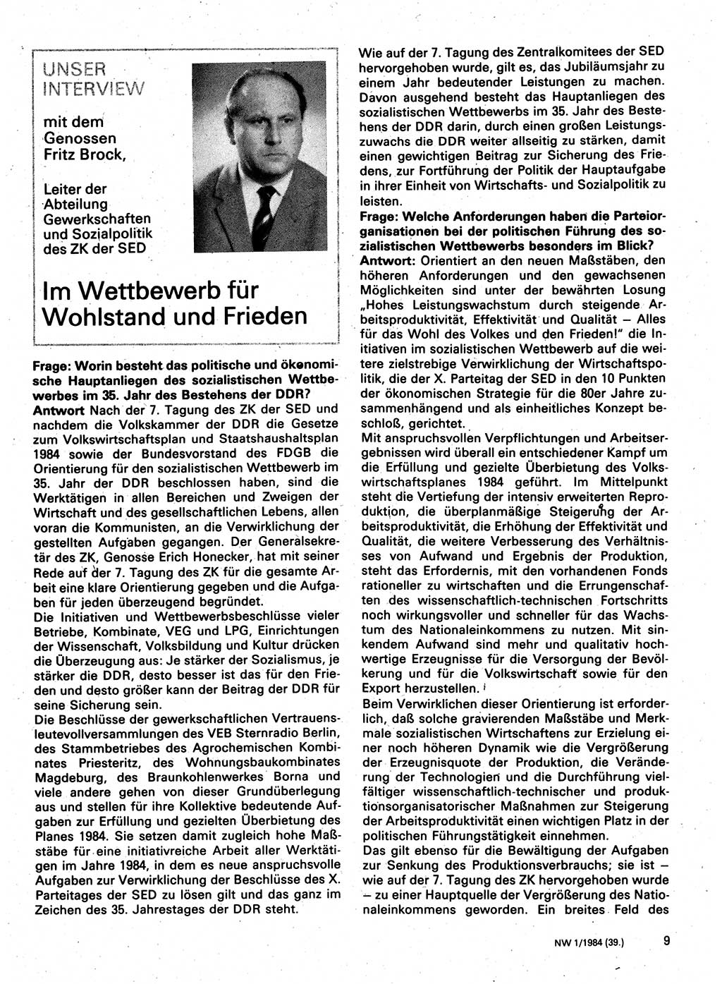Neuer Weg (NW), Organ des Zentralkomitees (ZK) der SED (Sozialistische Einheitspartei Deutschlands) für Fragen des Parteilebens, 39. Jahrgang [Deutsche Demokratische Republik (DDR)] 1984, Seite 9 (NW ZK SED DDR 1984, S. 9)