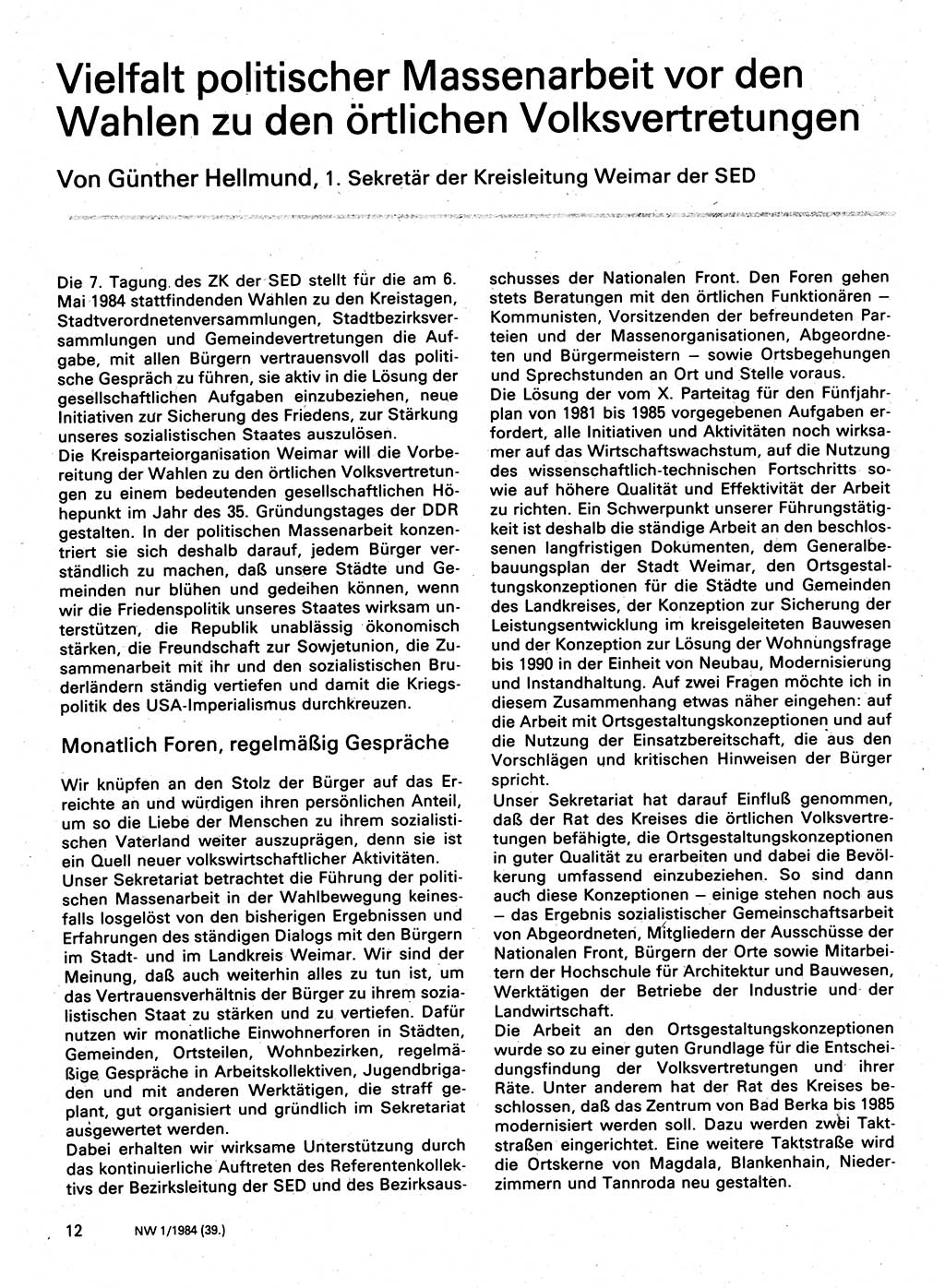 Neuer Weg (NW), Organ des Zentralkomitees (ZK) der SED (Sozialistische Einheitspartei Deutschlands) für Fragen des Parteilebens, 39. Jahrgang [Deutsche Demokratische Republik (DDR)] 1984, Seite 12 (NW ZK SED DDR 1984, S. 12)