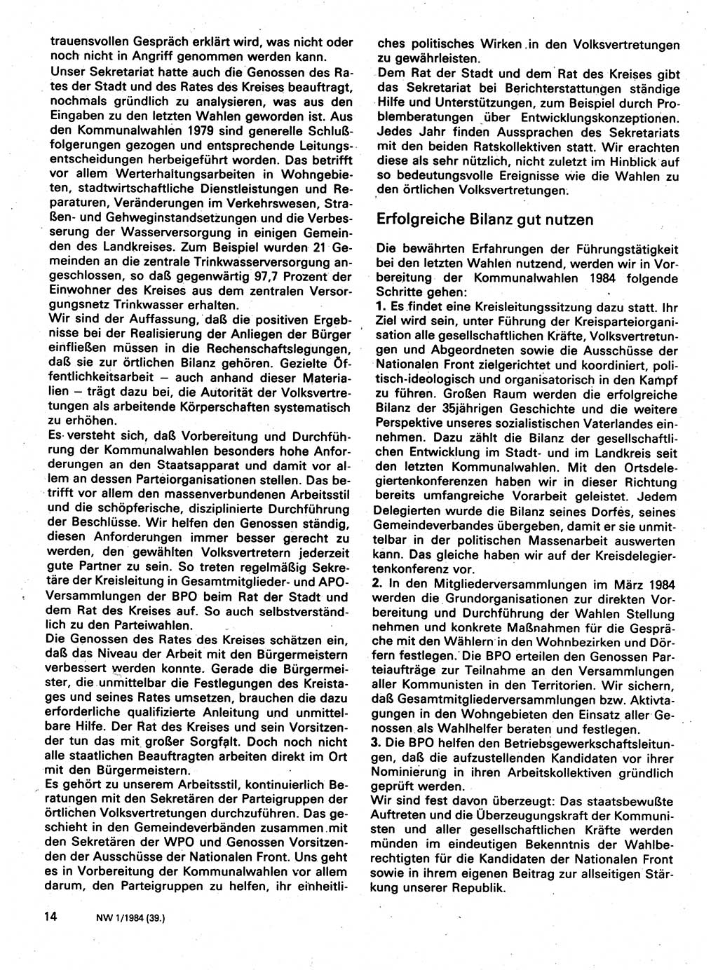 Neuer Weg (NW), Organ des Zentralkomitees (ZK) der SED (Sozialistische Einheitspartei Deutschlands) für Fragen des Parteilebens, 39. Jahrgang [Deutsche Demokratische Republik (DDR)] 1984, Seite 14 (NW ZK SED DDR 1984, S. 14)