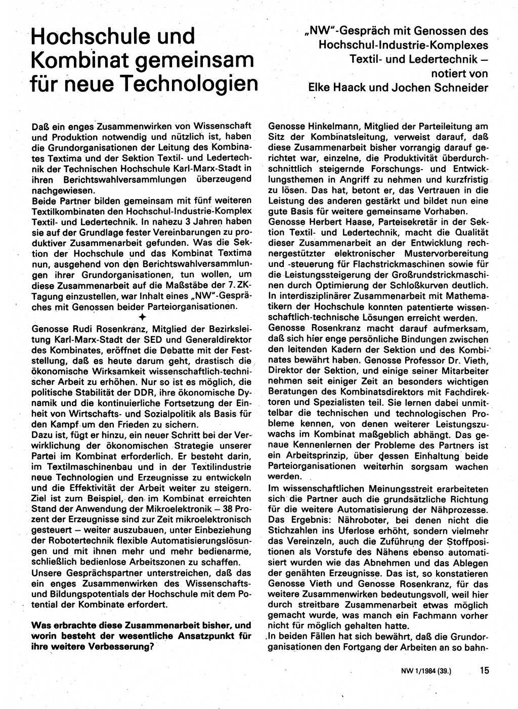 Neuer Weg (NW), Organ des Zentralkomitees (ZK) der SED (Sozialistische Einheitspartei Deutschlands) für Fragen des Parteilebens, 39. Jahrgang [Deutsche Demokratische Republik (DDR)] 1984, Seite 15 (NW ZK SED DDR 1984, S. 15)