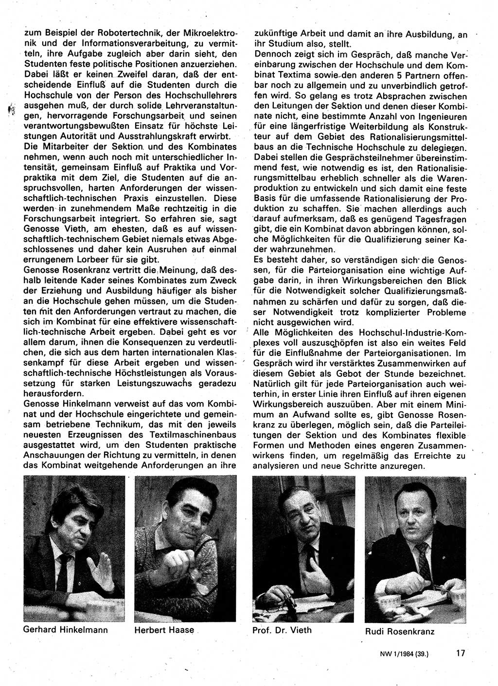 Neuer Weg (NW), Organ des Zentralkomitees (ZK) der SED (Sozialistische Einheitspartei Deutschlands) für Fragen des Parteilebens, 39. Jahrgang [Deutsche Demokratische Republik (DDR)] 1984, Seite 17 (NW ZK SED DDR 1984, S. 17)