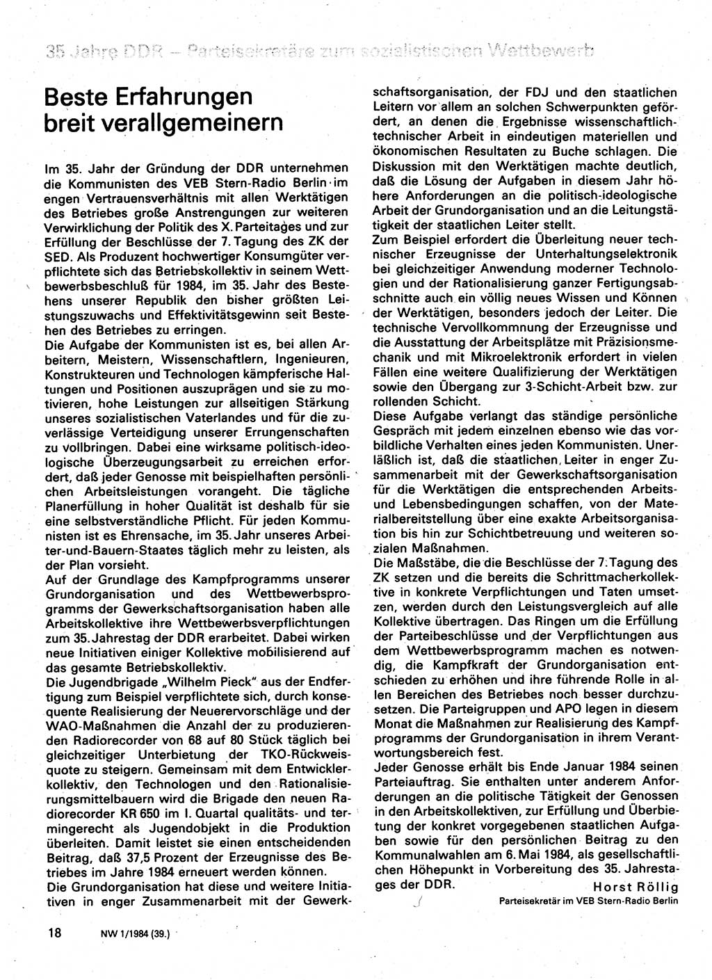 Neuer Weg (NW), Organ des Zentralkomitees (ZK) der SED (Sozialistische Einheitspartei Deutschlands) für Fragen des Parteilebens, 39. Jahrgang [Deutsche Demokratische Republik (DDR)] 1984, Seite 18 (NW ZK SED DDR 1984, S. 18)