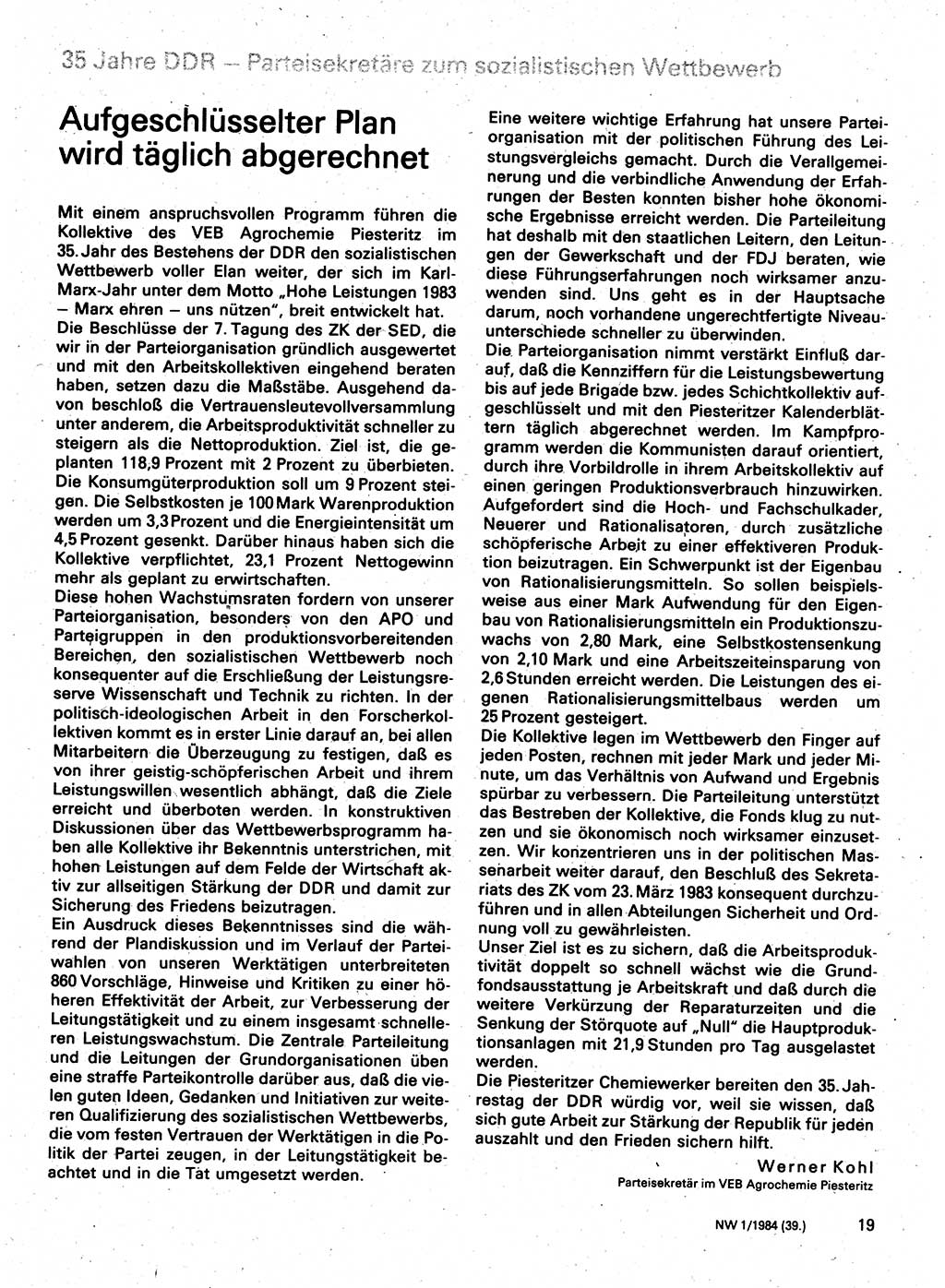 Neuer Weg (NW), Organ des Zentralkomitees (ZK) der SED (Sozialistische Einheitspartei Deutschlands) für Fragen des Parteilebens, 39. Jahrgang [Deutsche Demokratische Republik (DDR)] 1984, Seite 19 (NW ZK SED DDR 1984, S. 19)