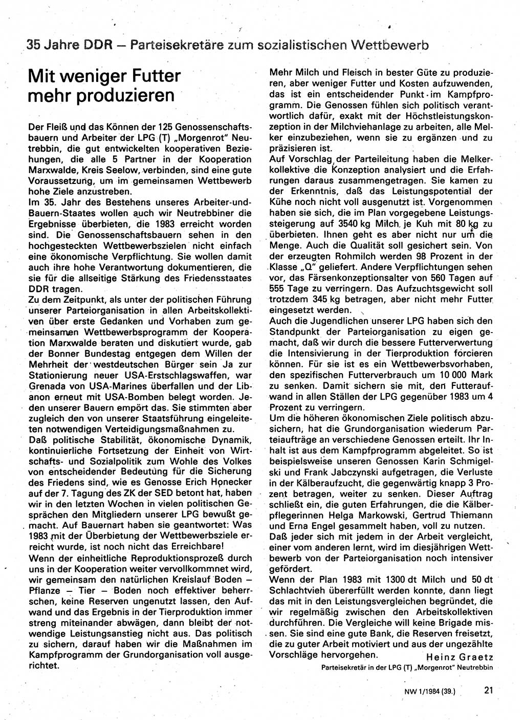 Neuer Weg (NW), Organ des Zentralkomitees (ZK) der SED (Sozialistische Einheitspartei Deutschlands) für Fragen des Parteilebens, 39. Jahrgang [Deutsche Demokratische Republik (DDR)] 1984, Seite 21 (NW ZK SED DDR 1984, S. 21)