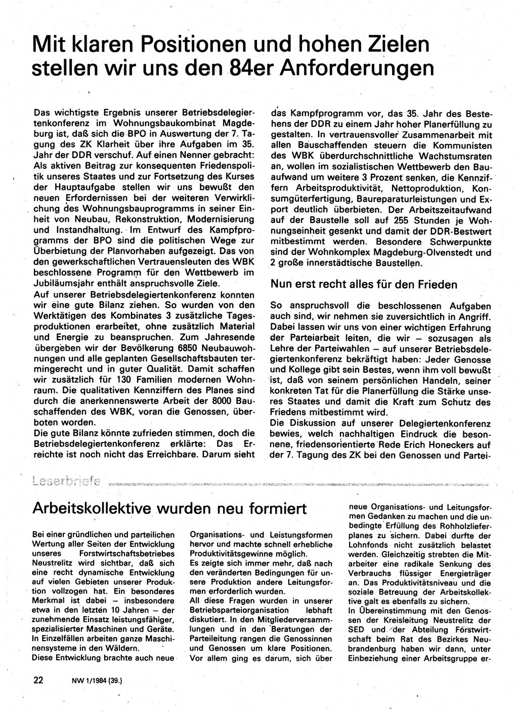 Neuer Weg (NW), Organ des Zentralkomitees (ZK) der SED (Sozialistische Einheitspartei Deutschlands) für Fragen des Parteilebens, 39. Jahrgang [Deutsche Demokratische Republik (DDR)] 1984, Seite 22 (NW ZK SED DDR 1984, S. 22)