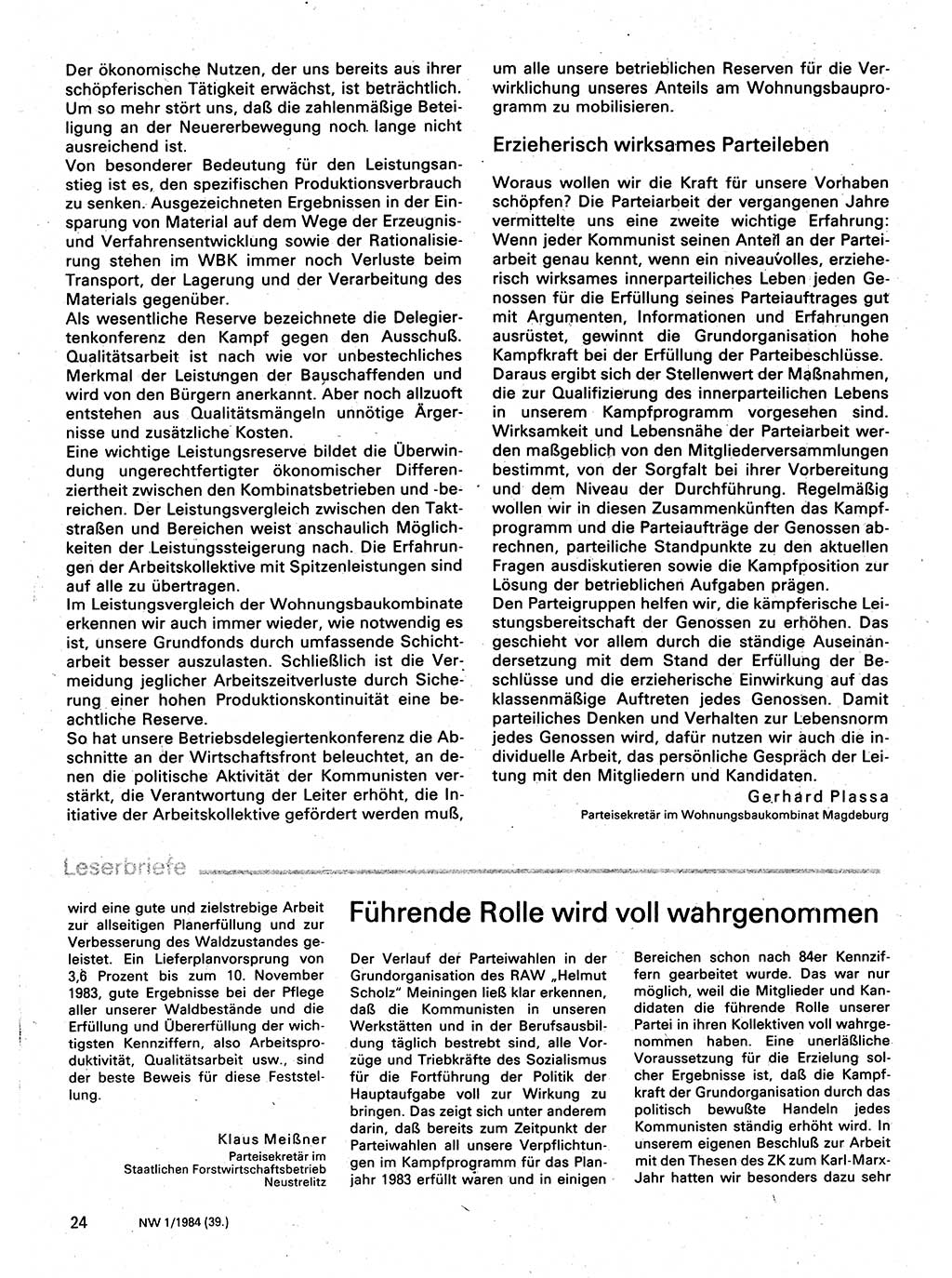 Neuer Weg (NW), Organ des Zentralkomitees (ZK) der SED (Sozialistische Einheitspartei Deutschlands) für Fragen des Parteilebens, 39. Jahrgang [Deutsche Demokratische Republik (DDR)] 1984, Seite 24 (NW ZK SED DDR 1984, S. 24)