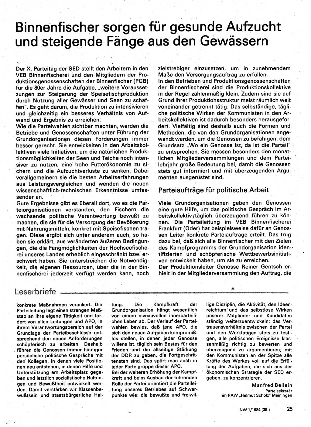 Neuer Weg (NW), Organ des Zentralkomitees (ZK) der SED (Sozialistische Einheitspartei Deutschlands) für Fragen des Parteilebens, 39. Jahrgang [Deutsche Demokratische Republik (DDR)] 1984, Seite 25 (NW ZK SED DDR 1984, S. 25)