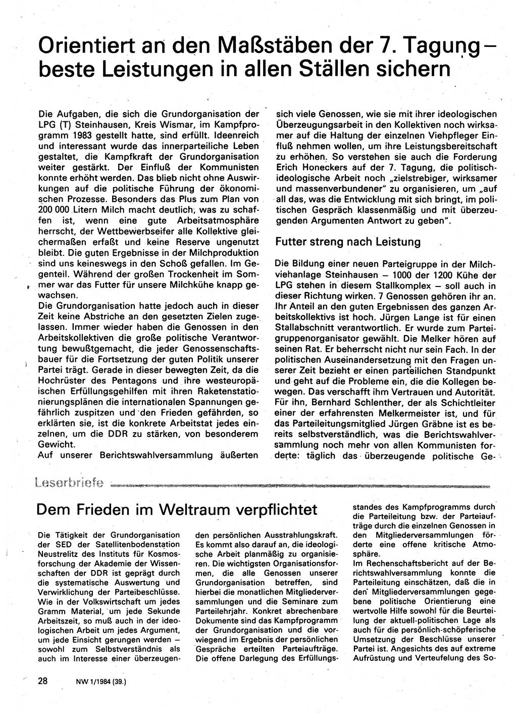 Neuer Weg (NW), Organ des Zentralkomitees (ZK) der SED (Sozialistische Einheitspartei Deutschlands) für Fragen des Parteilebens, 39. Jahrgang [Deutsche Demokratische Republik (DDR)] 1984, Seite 28 (NW ZK SED DDR 1984, S. 28)