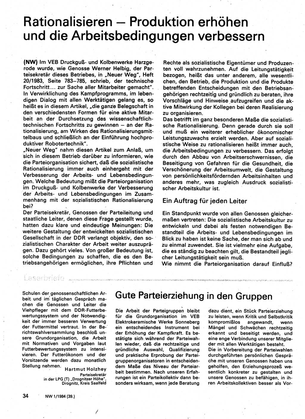 Neuer Weg (NW), Organ des Zentralkomitees (ZK) der SED (Sozialistische Einheitspartei Deutschlands) für Fragen des Parteilebens, 39. Jahrgang [Deutsche Demokratische Republik (DDR)] 1984, Seite 34 (NW ZK SED DDR 1984, S. 34)