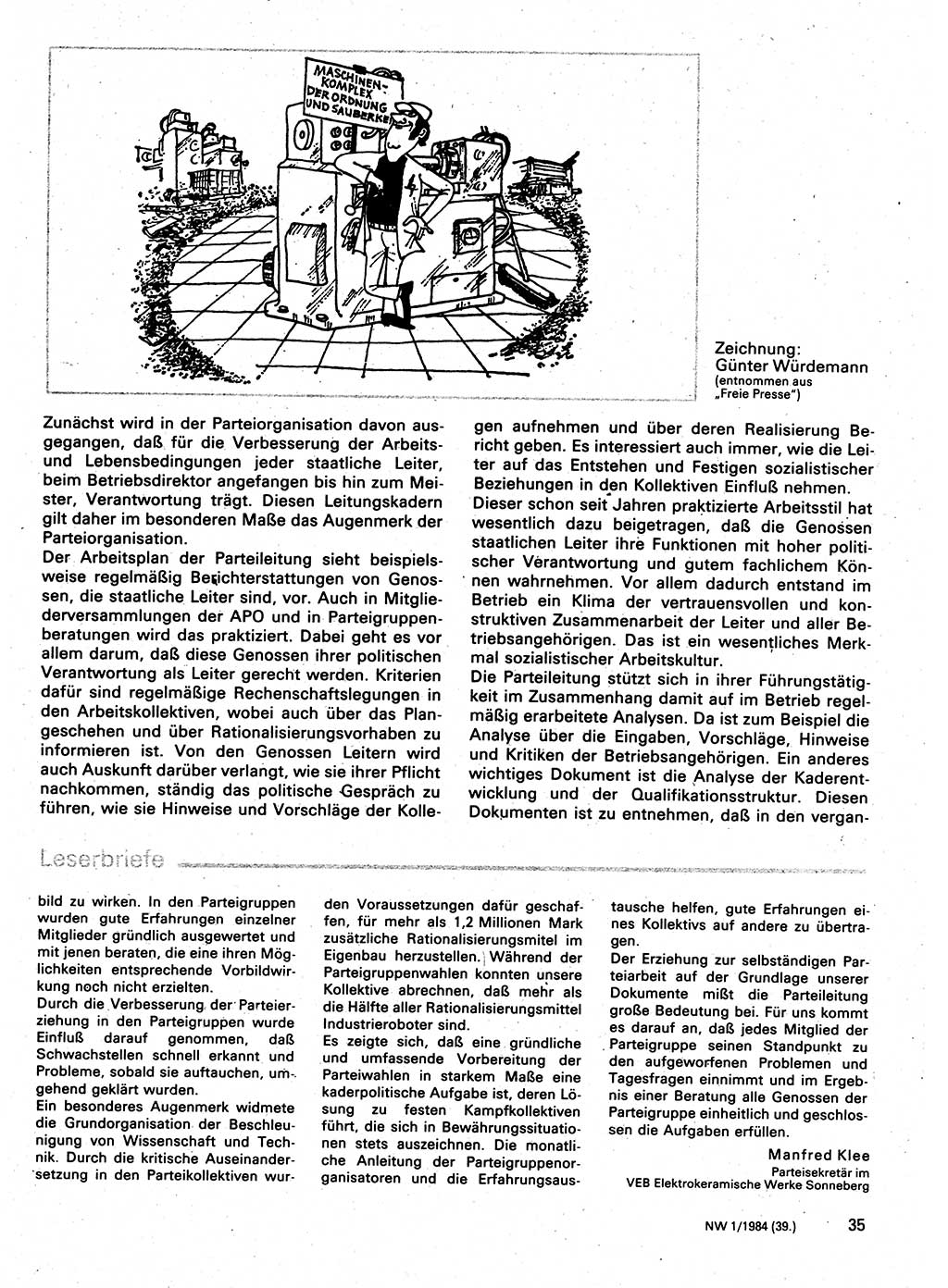 Neuer Weg (NW), Organ des Zentralkomitees (ZK) der SED (Sozialistische Einheitspartei Deutschlands) für Fragen des Parteilebens, 39. Jahrgang [Deutsche Demokratische Republik (DDR)] 1984, Seite 35 (NW ZK SED DDR 1984, S. 35)