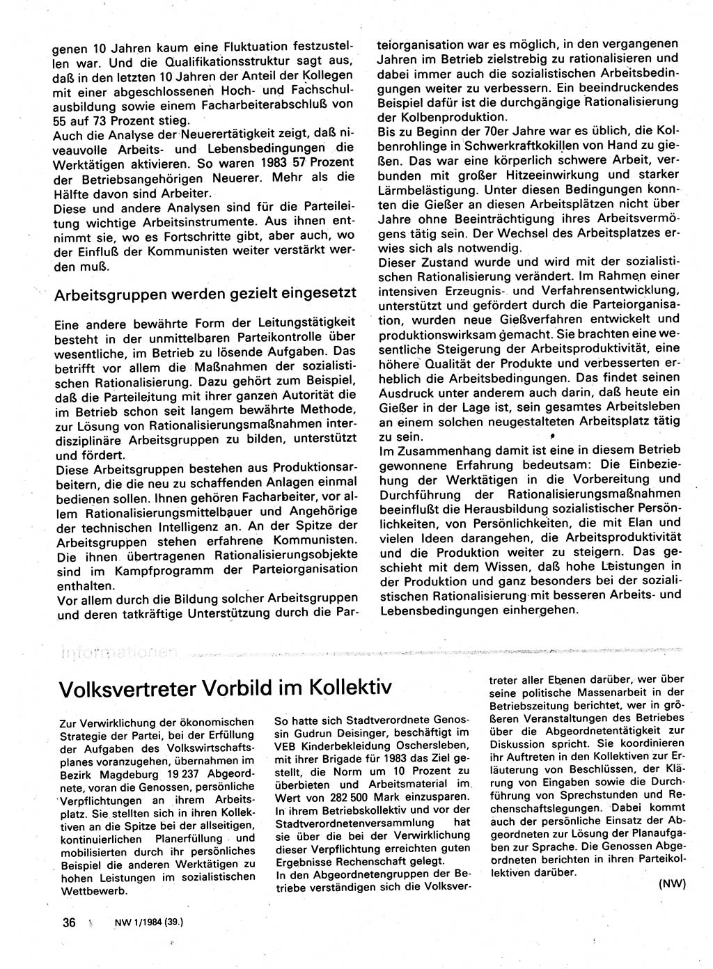Neuer Weg (NW), Organ des Zentralkomitees (ZK) der SED (Sozialistische Einheitspartei Deutschlands) für Fragen des Parteilebens, 39. Jahrgang [Deutsche Demokratische Republik (DDR)] 1984, Seite 36 (NW ZK SED DDR 1984, S. 36)