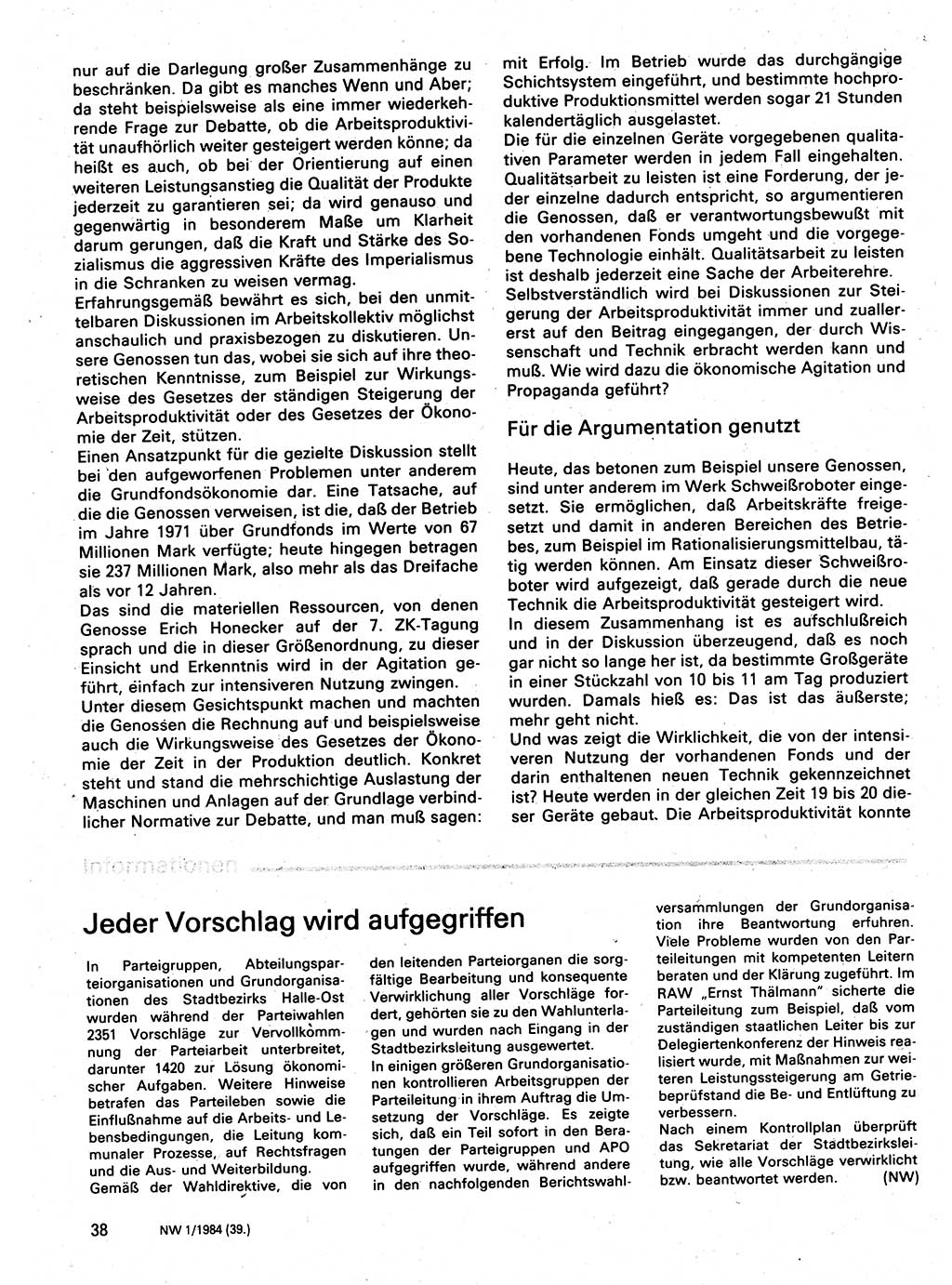 Neuer Weg (NW), Organ des Zentralkomitees (ZK) der SED (Sozialistische Einheitspartei Deutschlands) für Fragen des Parteilebens, 39. Jahrgang [Deutsche Demokratische Republik (DDR)] 1984, Seite 38 (NW ZK SED DDR 1984, S. 38)