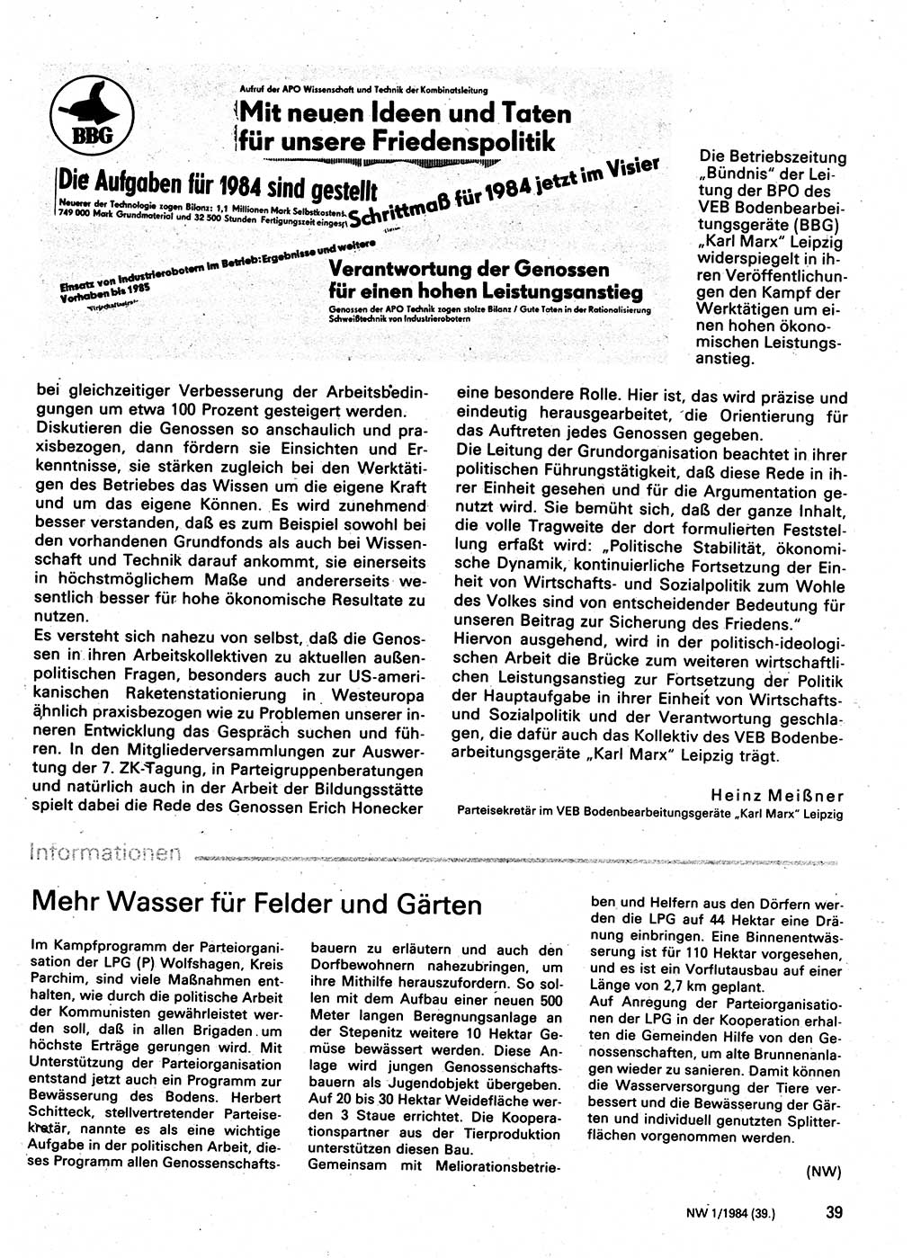 Neuer Weg (NW), Organ des Zentralkomitees (ZK) der SED (Sozialistische Einheitspartei Deutschlands) für Fragen des Parteilebens, 39. Jahrgang [Deutsche Demokratische Republik (DDR)] 1984, Seite 39 (NW ZK SED DDR 1984, S. 39)