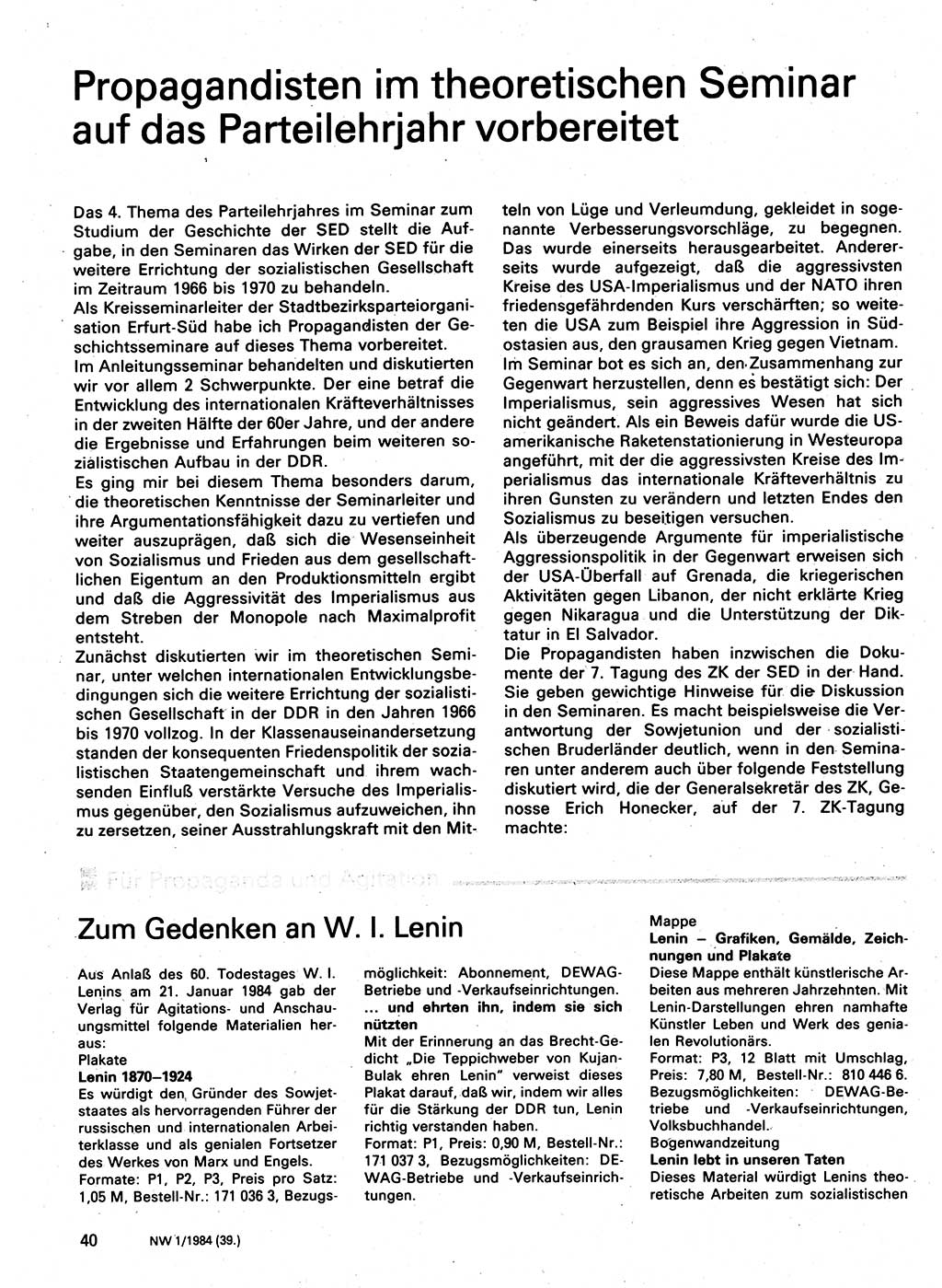Neuer Weg (NW), Organ des Zentralkomitees (ZK) der SED (Sozialistische Einheitspartei Deutschlands) für Fragen des Parteilebens, 39. Jahrgang [Deutsche Demokratische Republik (DDR)] 1984, Seite 40 (NW ZK SED DDR 1984, S. 40)