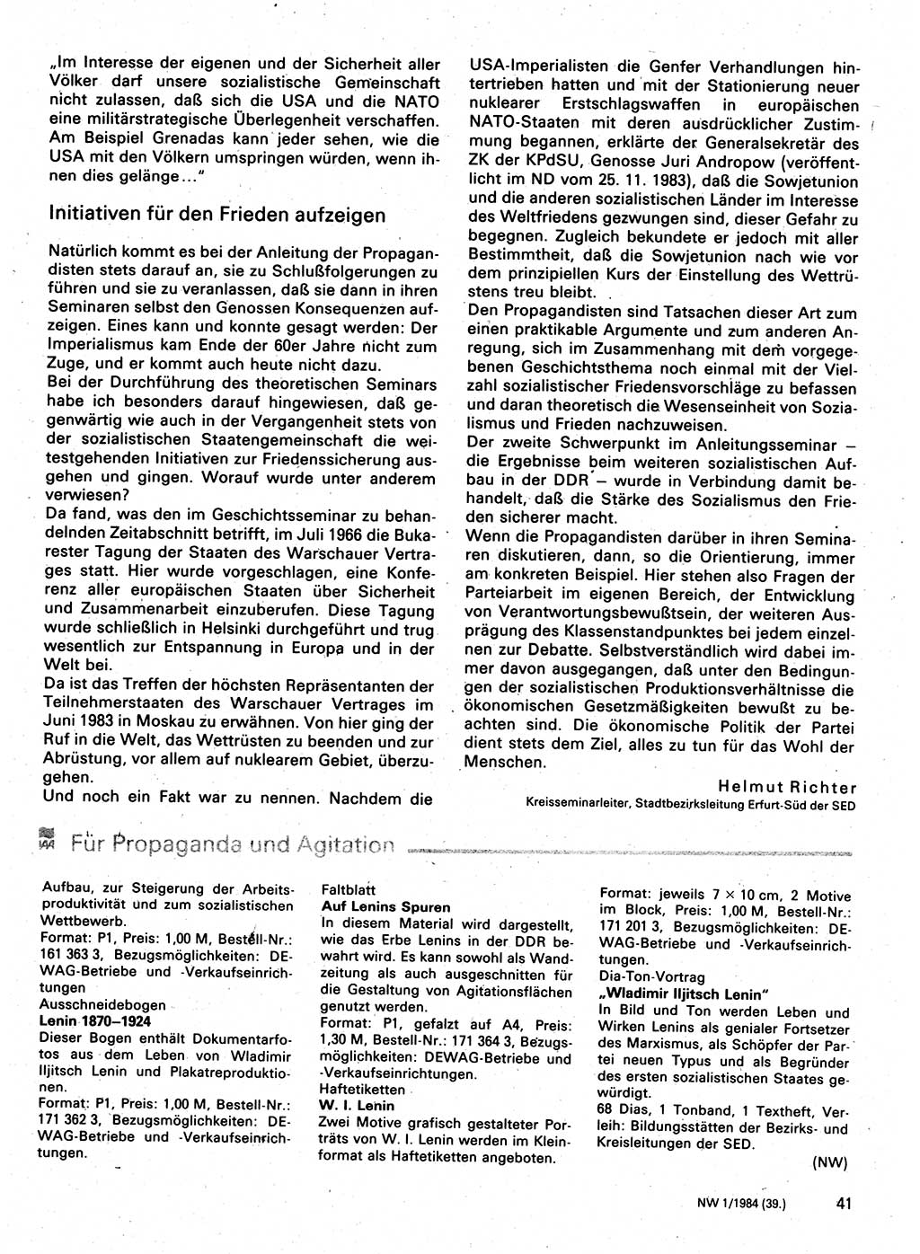 Neuer Weg (NW), Organ des Zentralkomitees (ZK) der SED (Sozialistische Einheitspartei Deutschlands) für Fragen des Parteilebens, 39. Jahrgang [Deutsche Demokratische Republik (DDR)] 1984, Seite 41 (NW ZK SED DDR 1984, S. 41)