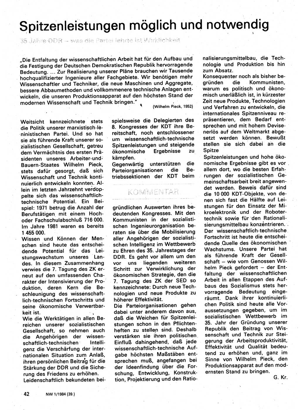Neuer Weg (NW), Organ des Zentralkomitees (ZK) der SED (Sozialistische Einheitspartei Deutschlands) für Fragen des Parteilebens, 39. Jahrgang [Deutsche Demokratische Republik (DDR)] 1984, Seite 42 (NW ZK SED DDR 1984, S. 42)