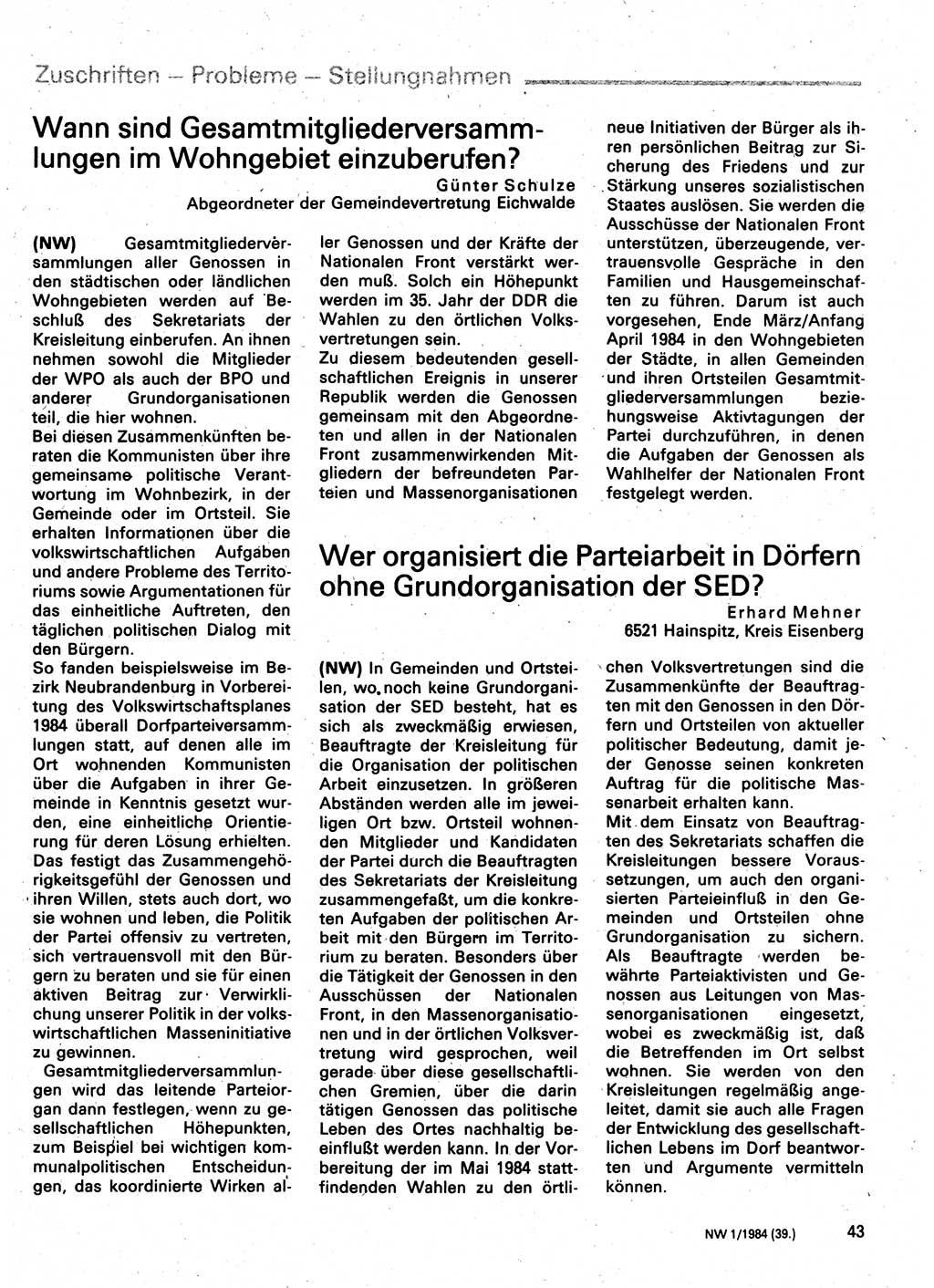 Neuer Weg (NW), Organ des Zentralkomitees (ZK) der SED (Sozialistische Einheitspartei Deutschlands) für Fragen des Parteilebens, 39. Jahrgang [Deutsche Demokratische Republik (DDR)] 1984, Seite 43 (NW ZK SED DDR 1984, S. 43)