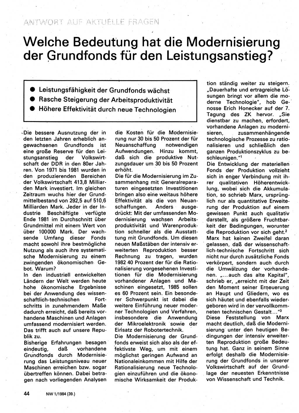 Neuer Weg (NW), Organ des Zentralkomitees (ZK) der SED (Sozialistische Einheitspartei Deutschlands) für Fragen des Parteilebens, 39. Jahrgang [Deutsche Demokratische Republik (DDR)] 1984, Seite 44 (NW ZK SED DDR 1984, S. 44)