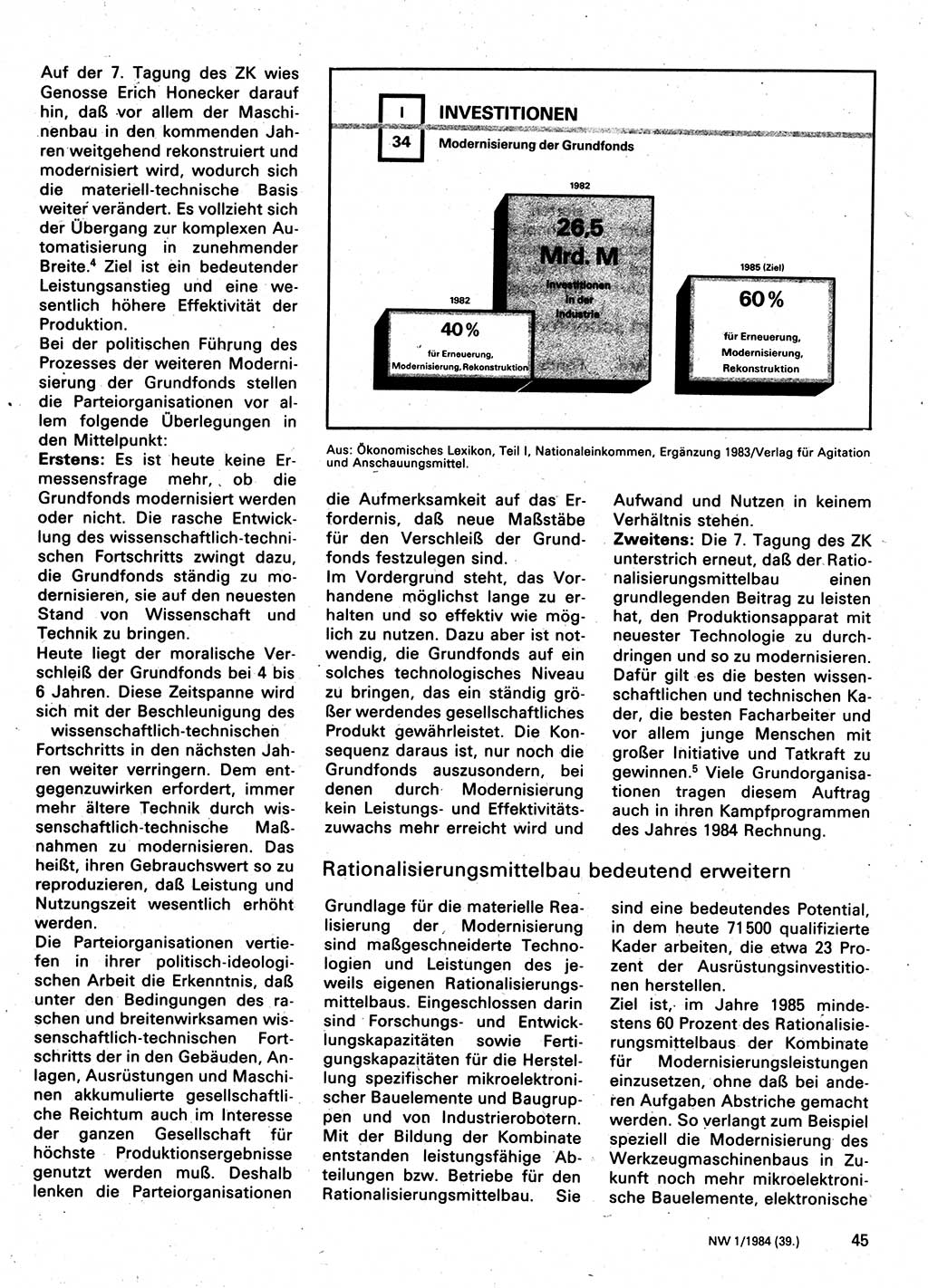 Neuer Weg (NW), Organ des Zentralkomitees (ZK) der SED (Sozialistische Einheitspartei Deutschlands) für Fragen des Parteilebens, 39. Jahrgang [Deutsche Demokratische Republik (DDR)] 1984, Seite 45 (NW ZK SED DDR 1984, S. 45)