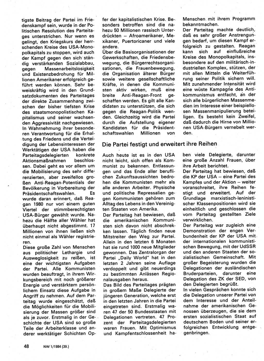 Neuer Weg (NW), Organ des Zentralkomitees (ZK) der SED (Sozialistische Einheitspartei Deutschlands) für Fragen des Parteilebens, 39. Jahrgang [Deutsche Demokratische Republik (DDR)] 1984, Seite 48 (NW ZK SED DDR 1984, S. 48)