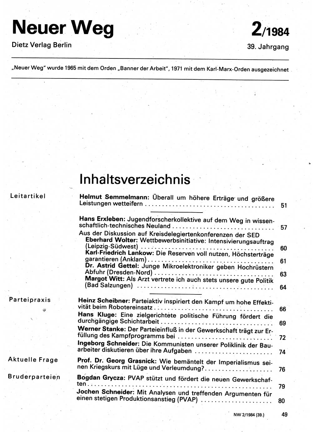 Neuer Weg (NW), Organ des Zentralkomitees (ZK) der SED (Sozialistische Einheitspartei Deutschlands) für Fragen des Parteilebens, 39. Jahrgang [Deutsche Demokratische Republik (DDR)] 1984, Seite 49 (NW ZK SED DDR 1984, S. 49)