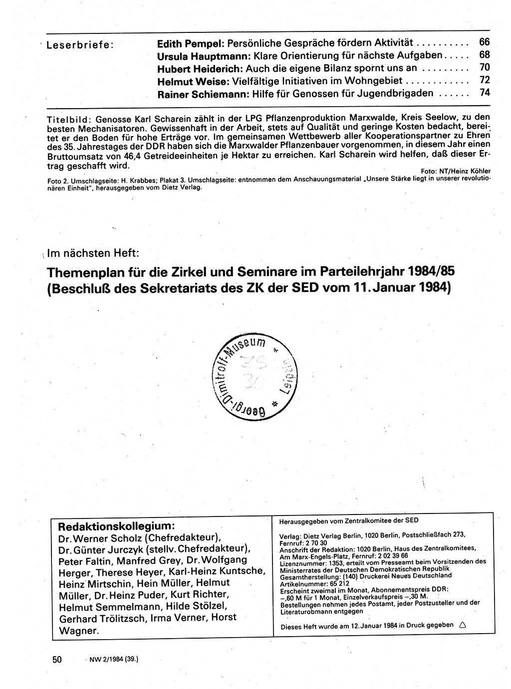 Neuer Weg (NW), Organ des Zentralkomitees (ZK) der SED (Sozialistische Einheitspartei Deutschlands) für Fragen des Parteilebens, 39. Jahrgang [Deutsche Demokratische Republik (DDR)] 1984, Seite 50 (NW ZK SED DDR 1984, S. 50)