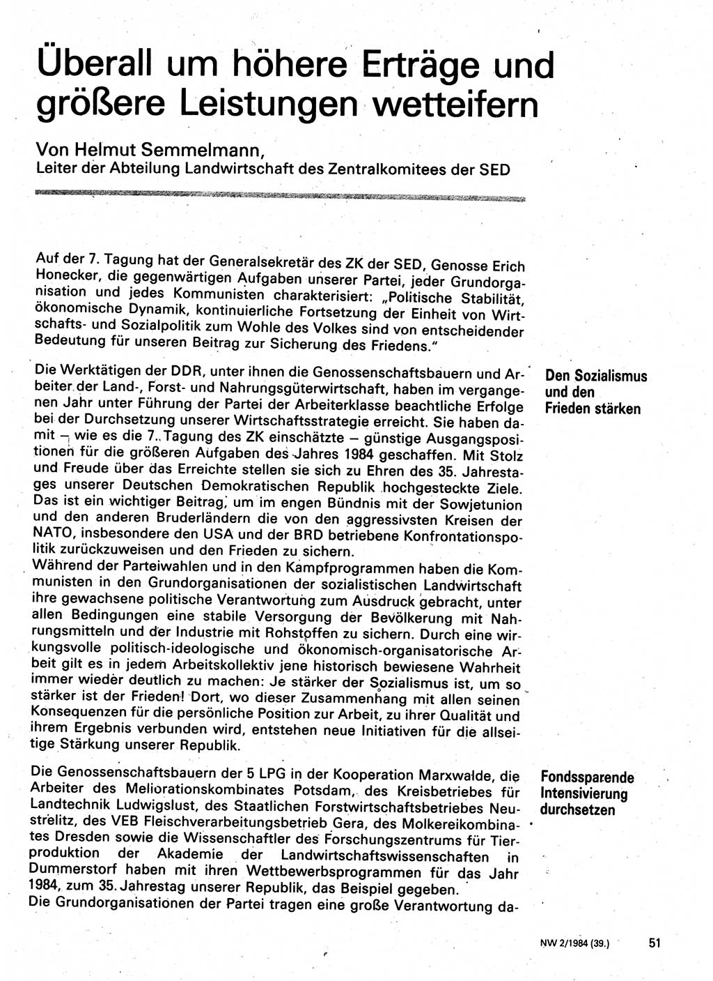 Neuer Weg (NW), Organ des Zentralkomitees (ZK) der SED (Sozialistische Einheitspartei Deutschlands) für Fragen des Parteilebens, 39. Jahrgang [Deutsche Demokratische Republik (DDR)] 1984, Seite 51 (NW ZK SED DDR 1984, S. 51)