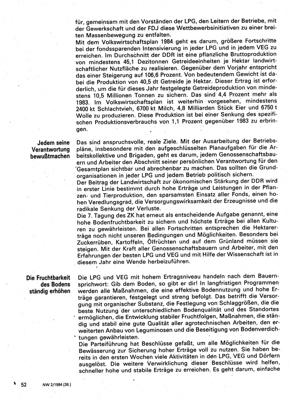 Neuer Weg (NW), Organ des Zentralkomitees (ZK) der SED (Sozialistische Einheitspartei Deutschlands) für Fragen des Parteilebens, 39. Jahrgang [Deutsche Demokratische Republik (DDR)] 1984, Seite 52 (NW ZK SED DDR 1984, S. 52)