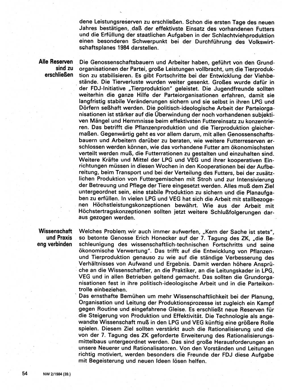 Neuer Weg (NW), Organ des Zentralkomitees (ZK) der SED (Sozialistische Einheitspartei Deutschlands) für Fragen des Parteilebens, 39. Jahrgang [Deutsche Demokratische Republik (DDR)] 1984, Seite 54 (NW ZK SED DDR 1984, S. 54)