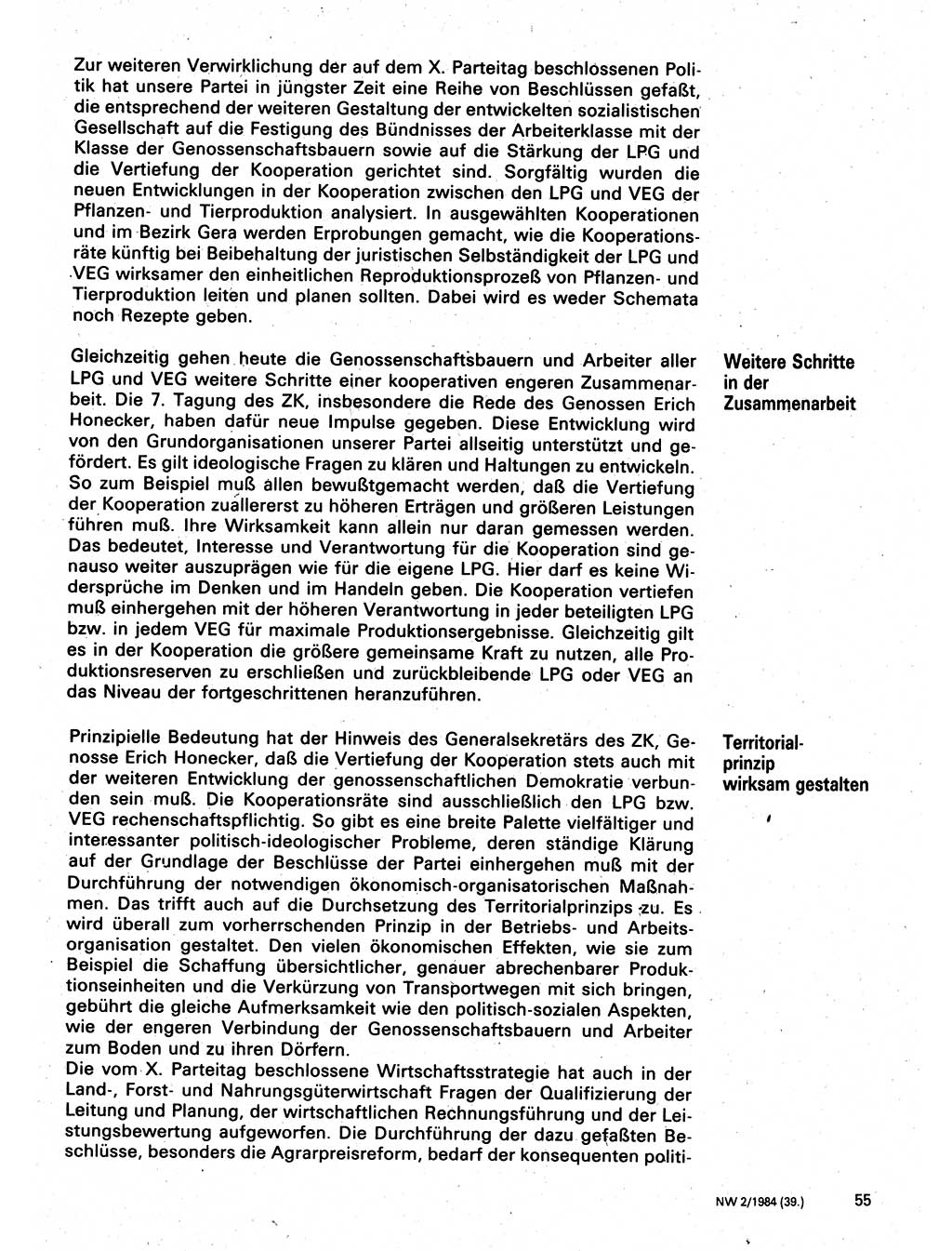 Neuer Weg (NW), Organ des Zentralkomitees (ZK) der SED (Sozialistische Einheitspartei Deutschlands) für Fragen des Parteilebens, 39. Jahrgang [Deutsche Demokratische Republik (DDR)] 1984, Seite 55 (NW ZK SED DDR 1984, S. 55)
