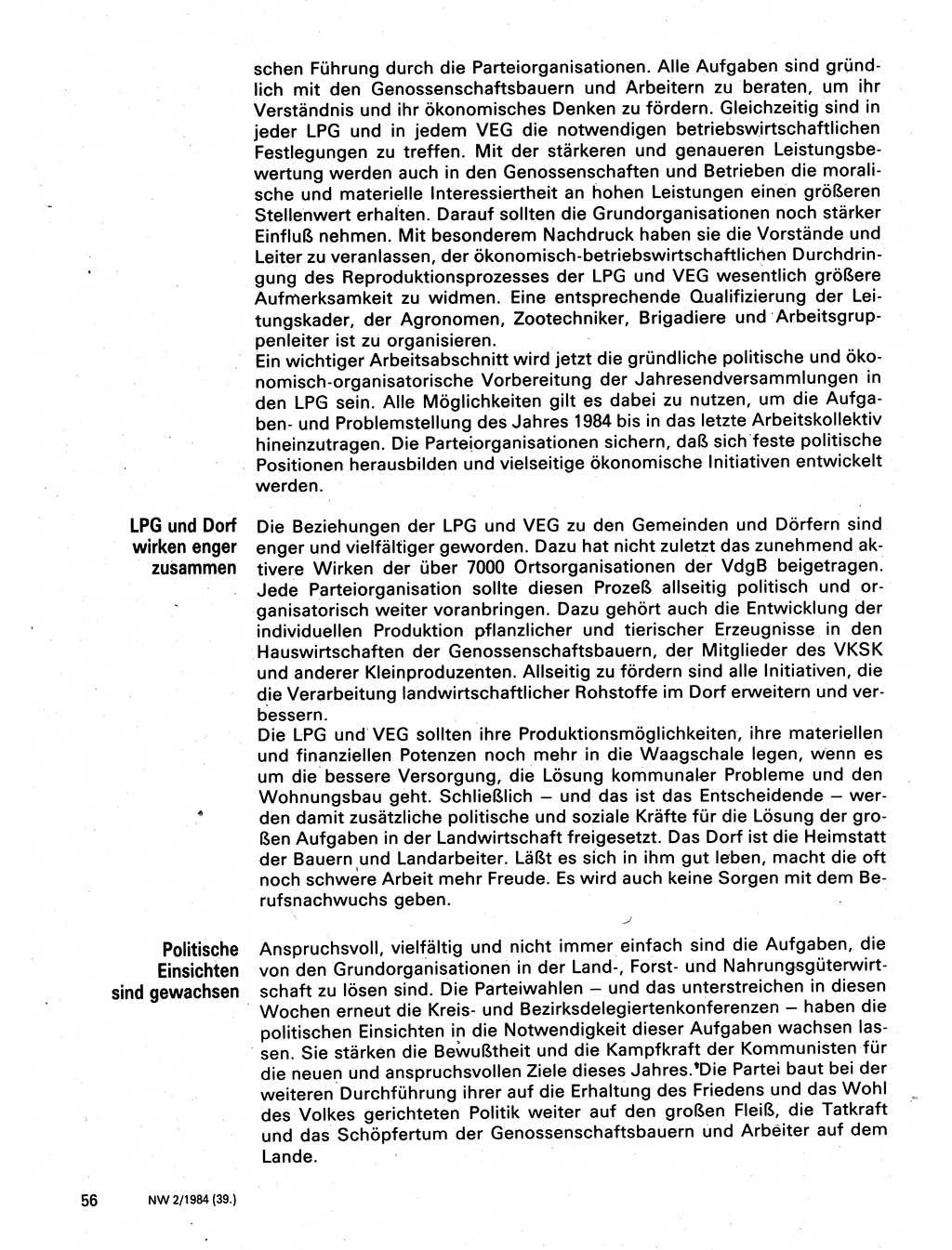 Neuer Weg (NW), Organ des Zentralkomitees (ZK) der SED (Sozialistische Einheitspartei Deutschlands) für Fragen des Parteilebens, 39. Jahrgang [Deutsche Demokratische Republik (DDR)] 1984, Seite 56 (NW ZK SED DDR 1984, S. 56)