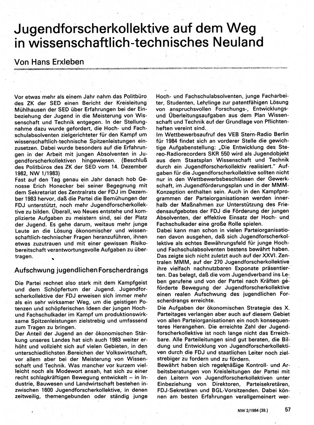 Neuer Weg (NW), Organ des Zentralkomitees (ZK) der SED (Sozialistische Einheitspartei Deutschlands) für Fragen des Parteilebens, 39. Jahrgang [Deutsche Demokratische Republik (DDR)] 1984, Seite 57 (NW ZK SED DDR 1984, S. 57)