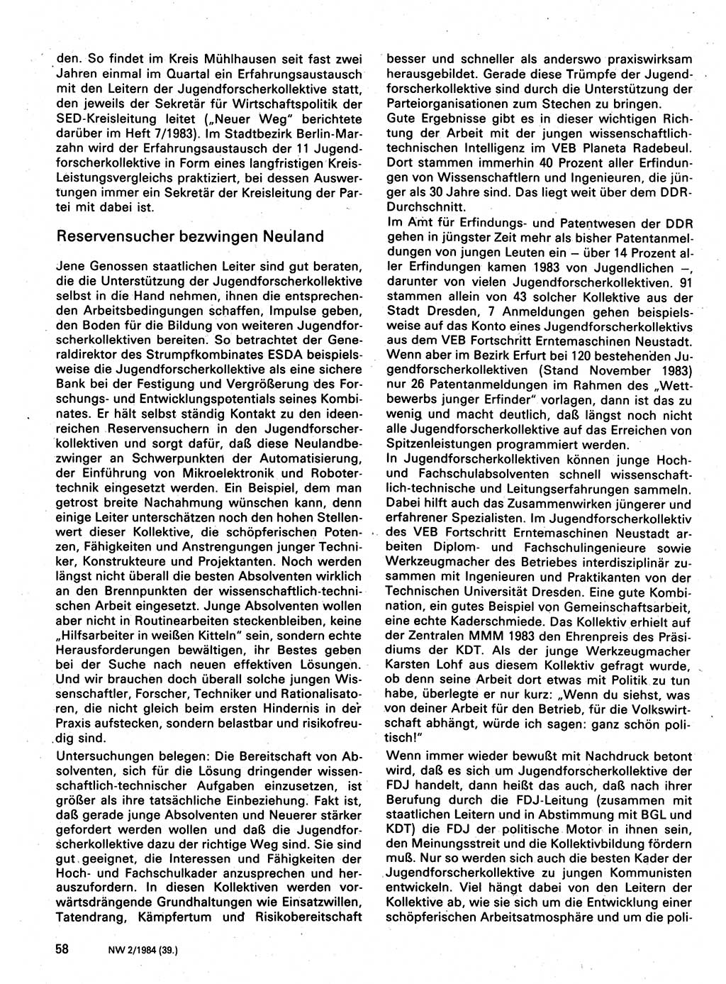 Neuer Weg (NW), Organ des Zentralkomitees (ZK) der SED (Sozialistische Einheitspartei Deutschlands) für Fragen des Parteilebens, 39. Jahrgang [Deutsche Demokratische Republik (DDR)] 1984, Seite 58 (NW ZK SED DDR 1984, S. 58)