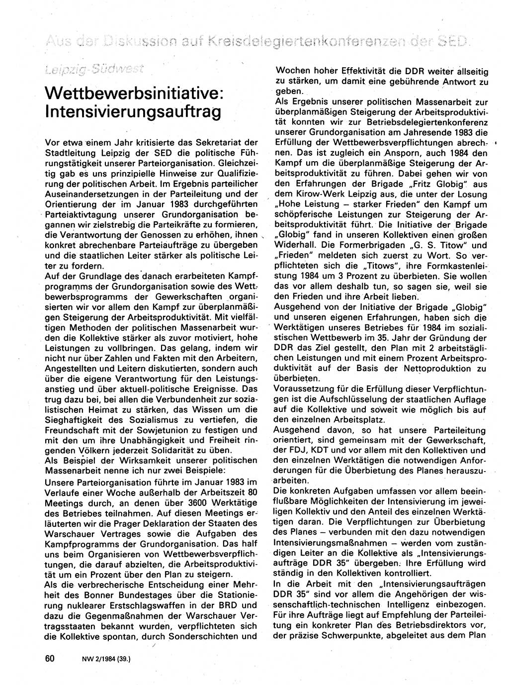 Neuer Weg (NW), Organ des Zentralkomitees (ZK) der SED (Sozialistische Einheitspartei Deutschlands) für Fragen des Parteilebens, 39. Jahrgang [Deutsche Demokratische Republik (DDR)] 1984, Seite 60 (NW ZK SED DDR 1984, S. 60)