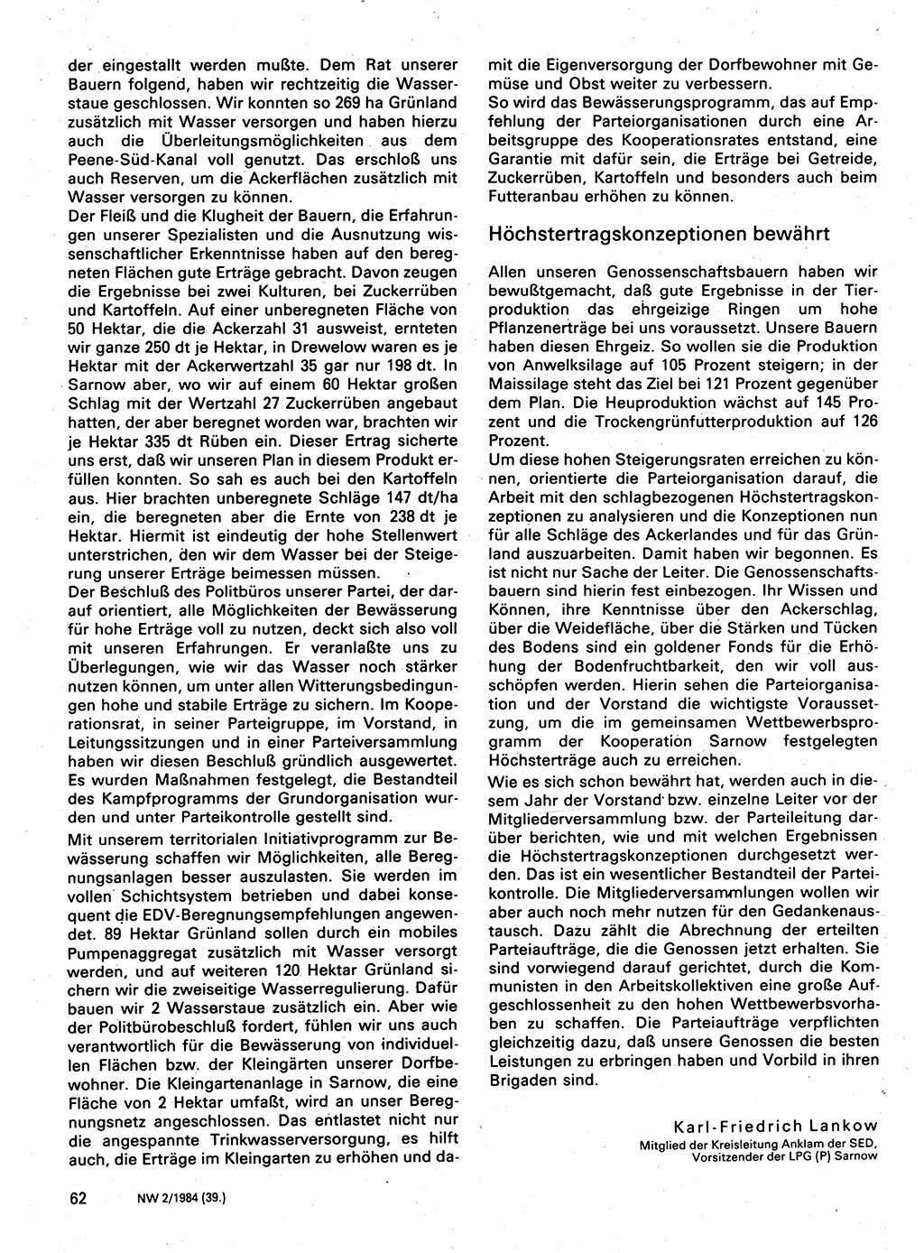Neuer Weg (NW), Organ des Zentralkomitees (ZK) der SED (Sozialistische Einheitspartei Deutschlands) für Fragen des Parteilebens, 39. Jahrgang [Deutsche Demokratische Republik (DDR)] 1984, Seite 62 (NW ZK SED DDR 1984, S. 62)