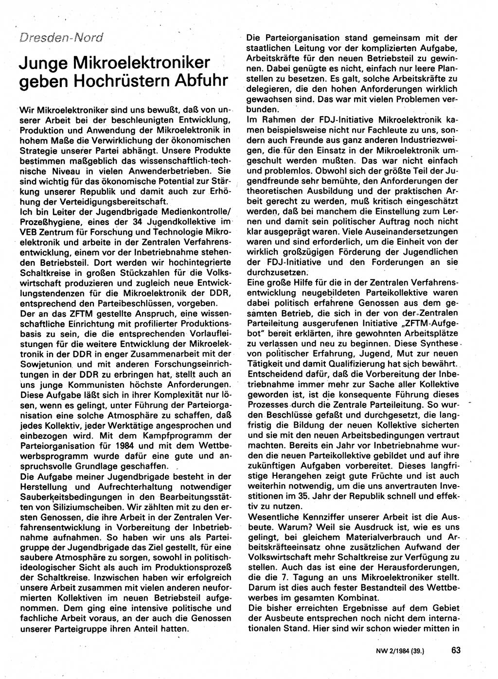 Neuer Weg (NW), Organ des Zentralkomitees (ZK) der SED (Sozialistische Einheitspartei Deutschlands) für Fragen des Parteilebens, 39. Jahrgang [Deutsche Demokratische Republik (DDR)] 1984, Seite 63 (NW ZK SED DDR 1984, S. 63)