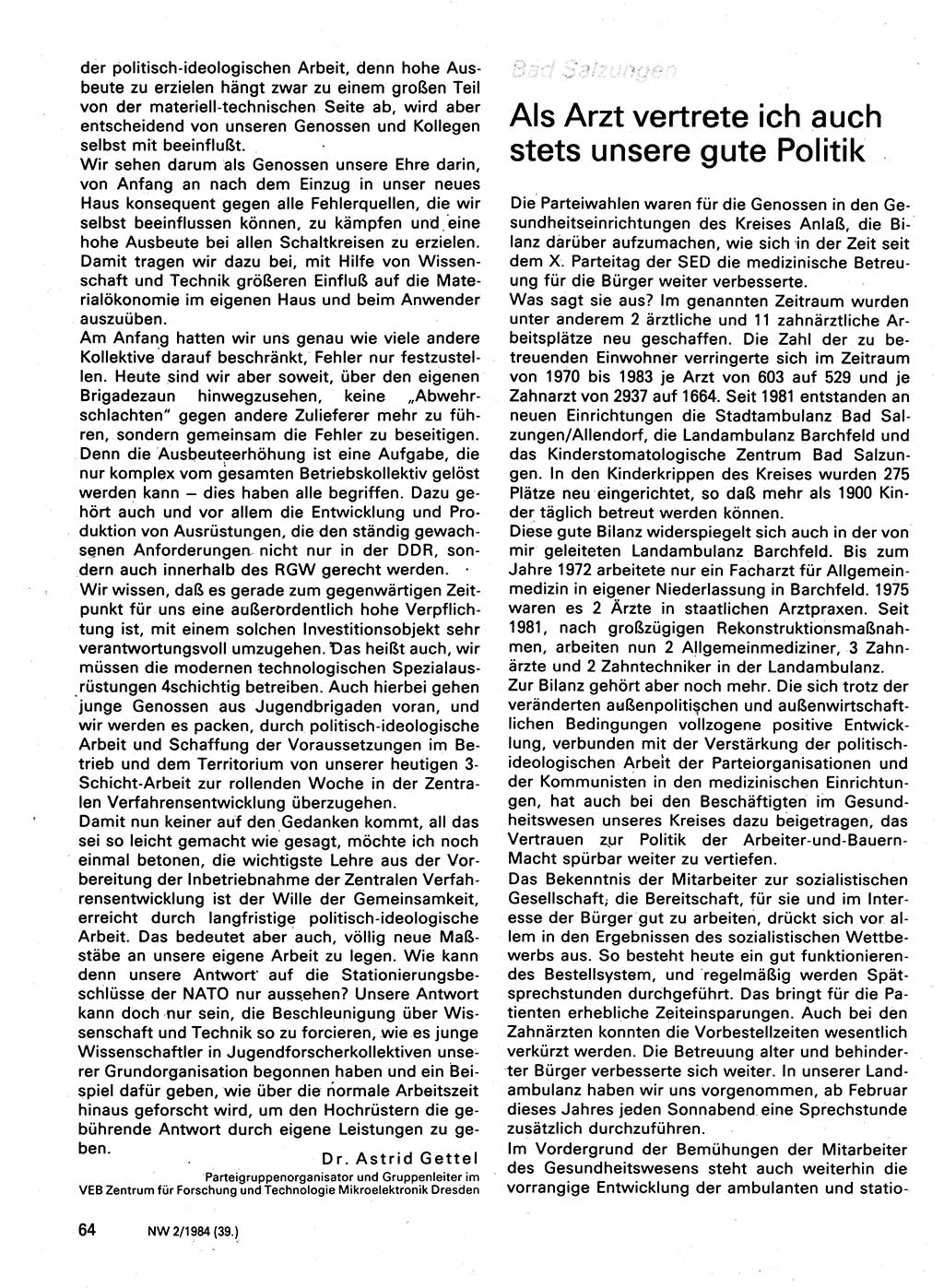 Neuer Weg (NW), Organ des Zentralkomitees (ZK) der SED (Sozialistische Einheitspartei Deutschlands) für Fragen des Parteilebens, 39. Jahrgang [Deutsche Demokratische Republik (DDR)] 1984, Seite 64 (NW ZK SED DDR 1984, S. 64)