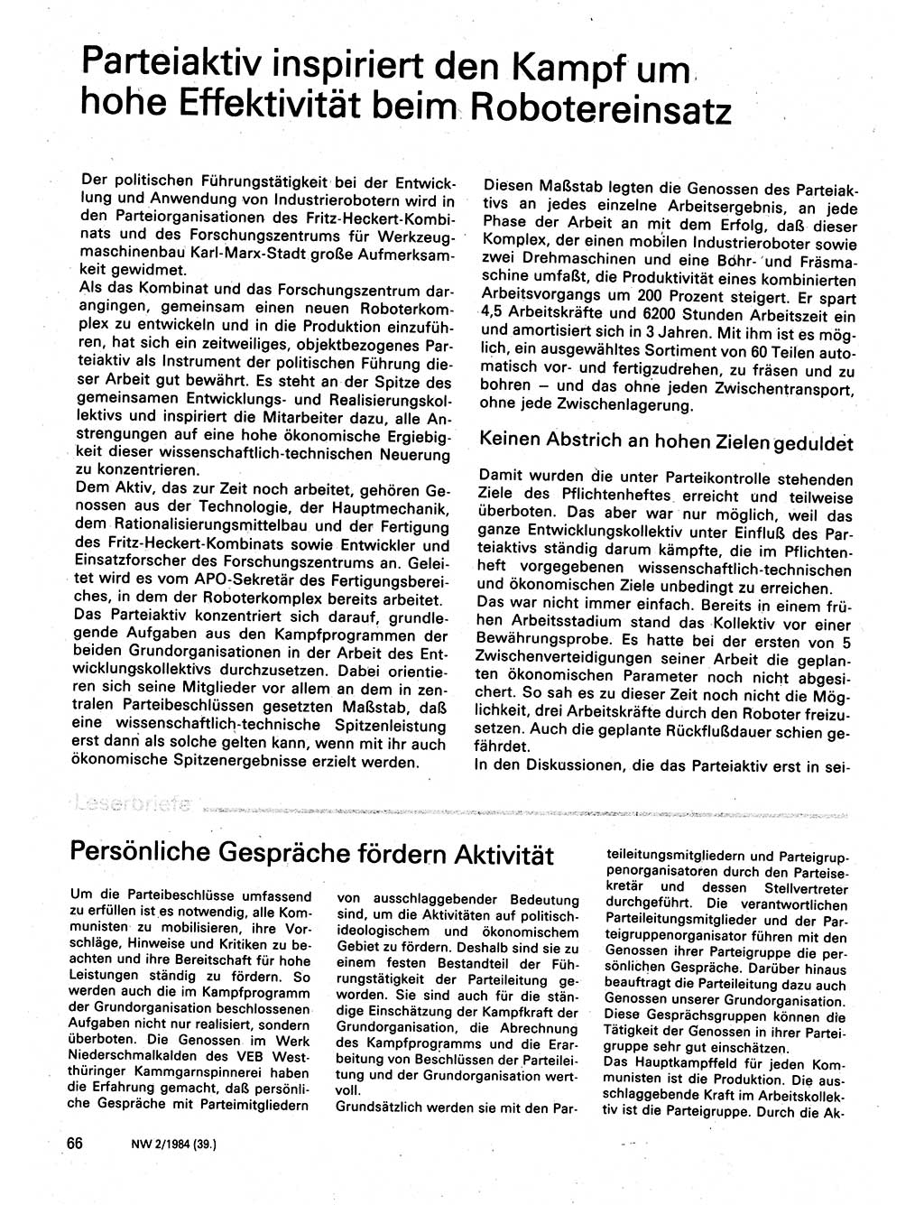 Neuer Weg (NW), Organ des Zentralkomitees (ZK) der SED (Sozialistische Einheitspartei Deutschlands) für Fragen des Parteilebens, 39. Jahrgang [Deutsche Demokratische Republik (DDR)] 1984, Seite 66 (NW ZK SED DDR 1984, S. 66)