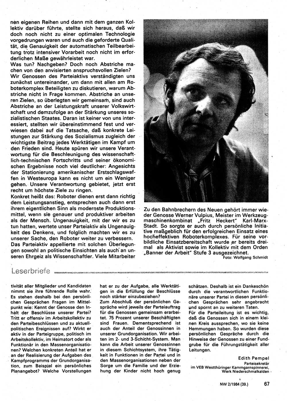 Neuer Weg (NW), Organ des Zentralkomitees (ZK) der SED (Sozialistische Einheitspartei Deutschlands) für Fragen des Parteilebens, 39. Jahrgang [Deutsche Demokratische Republik (DDR)] 1984, Seite 67 (NW ZK SED DDR 1984, S. 67)