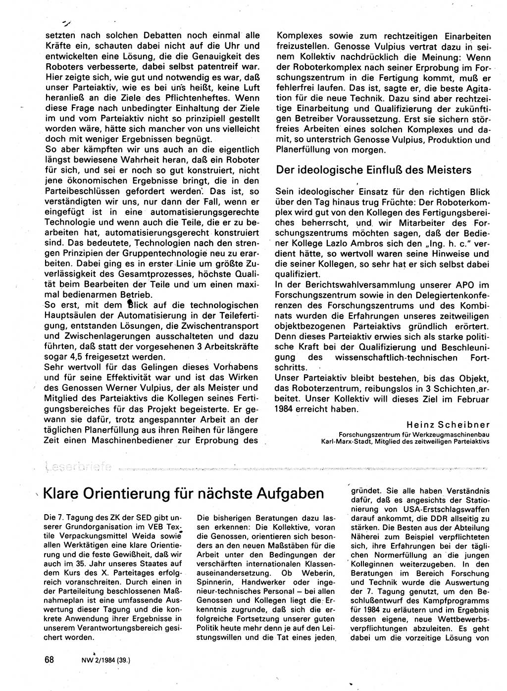 Neuer Weg (NW), Organ des Zentralkomitees (ZK) der SED (Sozialistische Einheitspartei Deutschlands) für Fragen des Parteilebens, 39. Jahrgang [Deutsche Demokratische Republik (DDR)] 1984, Seite 68 (NW ZK SED DDR 1984, S. 68)