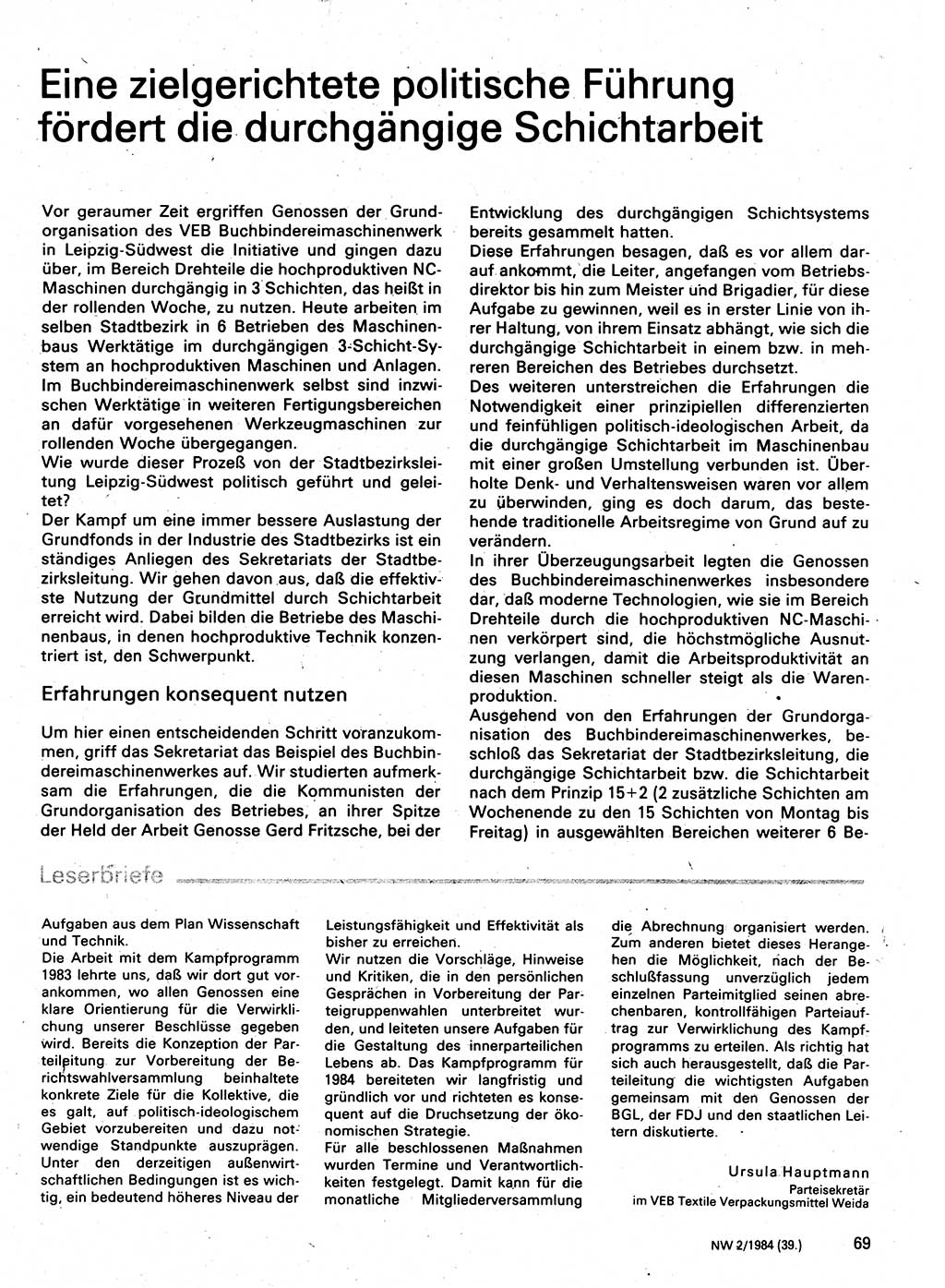 Neuer Weg (NW), Organ des Zentralkomitees (ZK) der SED (Sozialistische Einheitspartei Deutschlands) für Fragen des Parteilebens, 39. Jahrgang [Deutsche Demokratische Republik (DDR)] 1984, Seite 69 (NW ZK SED DDR 1984, S. 69)