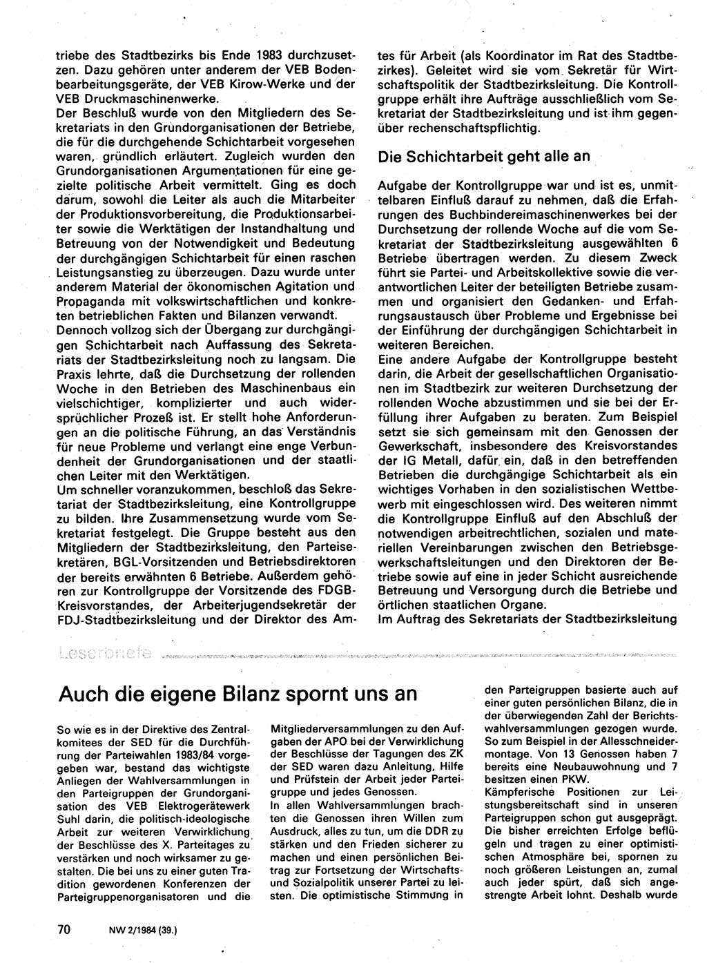 Neuer Weg (NW), Organ des Zentralkomitees (ZK) der SED (Sozialistische Einheitspartei Deutschlands) für Fragen des Parteilebens, 39. Jahrgang [Deutsche Demokratische Republik (DDR)] 1984, Seite 70 (NW ZK SED DDR 1984, S. 70)