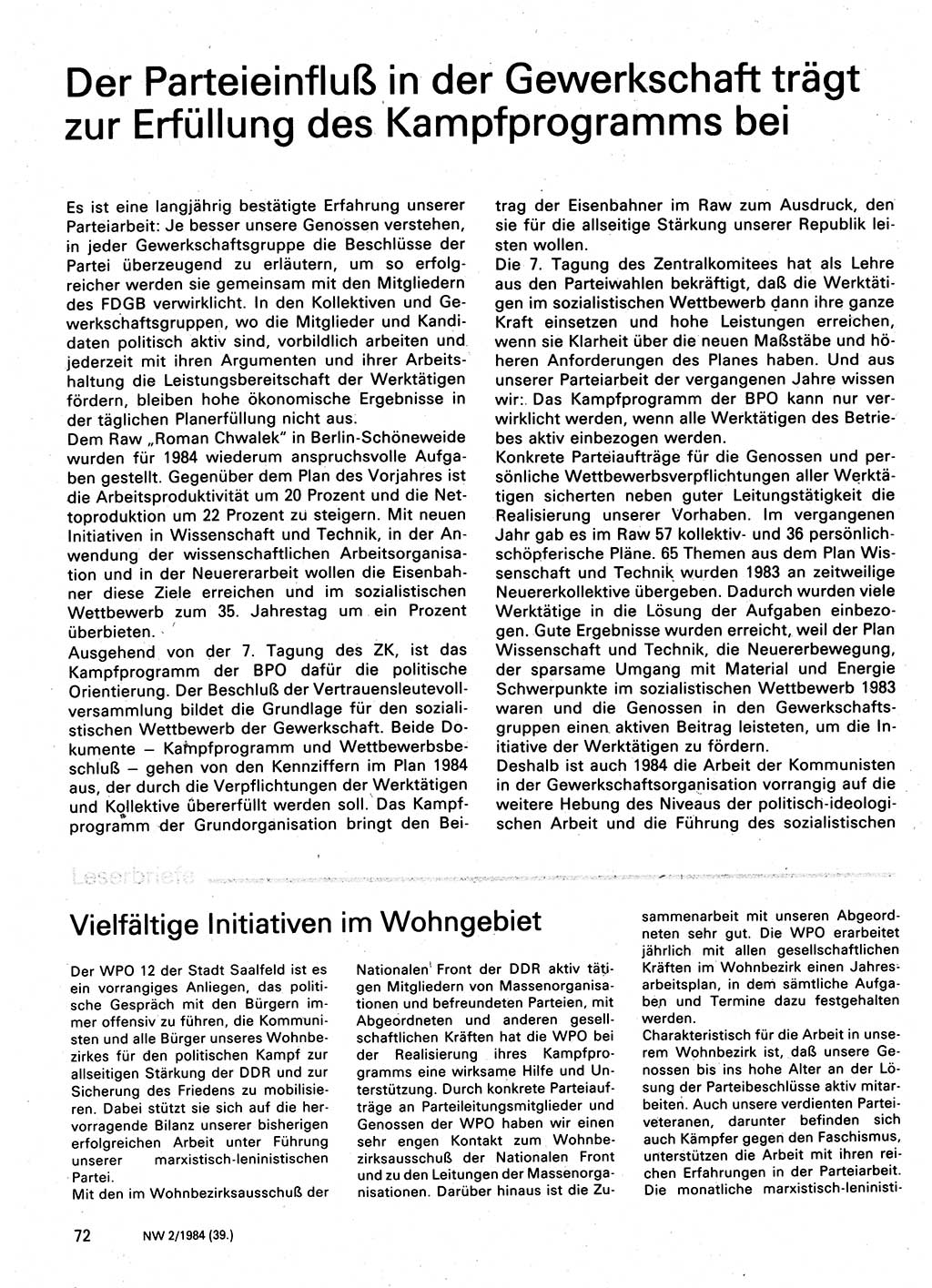 Neuer Weg (NW), Organ des Zentralkomitees (ZK) der SED (Sozialistische Einheitspartei Deutschlands) für Fragen des Parteilebens, 39. Jahrgang [Deutsche Demokratische Republik (DDR)] 1984, Seite 72 (NW ZK SED DDR 1984, S. 72)