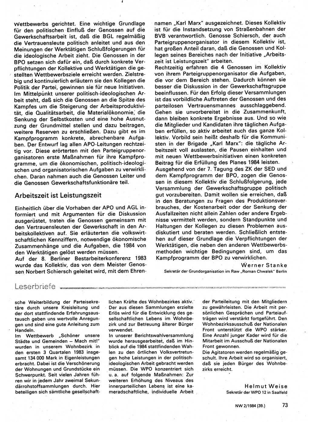 Neuer Weg (NW), Organ des Zentralkomitees (ZK) der SED (Sozialistische Einheitspartei Deutschlands) für Fragen des Parteilebens, 39. Jahrgang [Deutsche Demokratische Republik (DDR)] 1984, Seite 73 (NW ZK SED DDR 1984, S. 73)